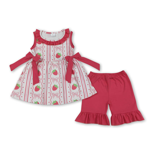 Erdbeer-Schleifen-Tunika mit Rüschenshorts für Kinder und Mädchen Outfits