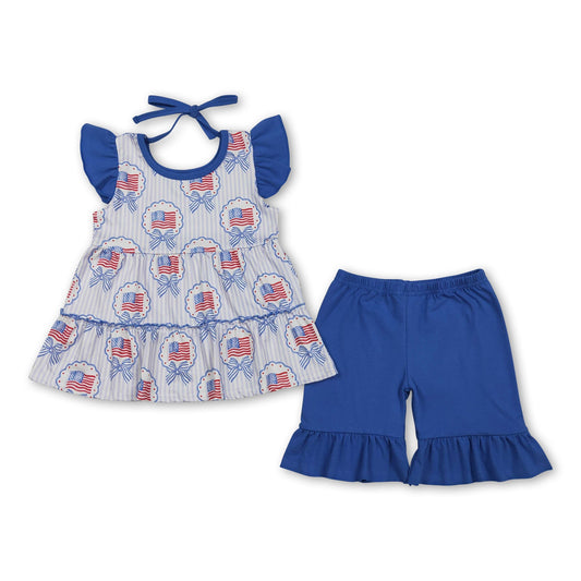 Flutter sleeves bow flag tunic shorts girls 4th of july set