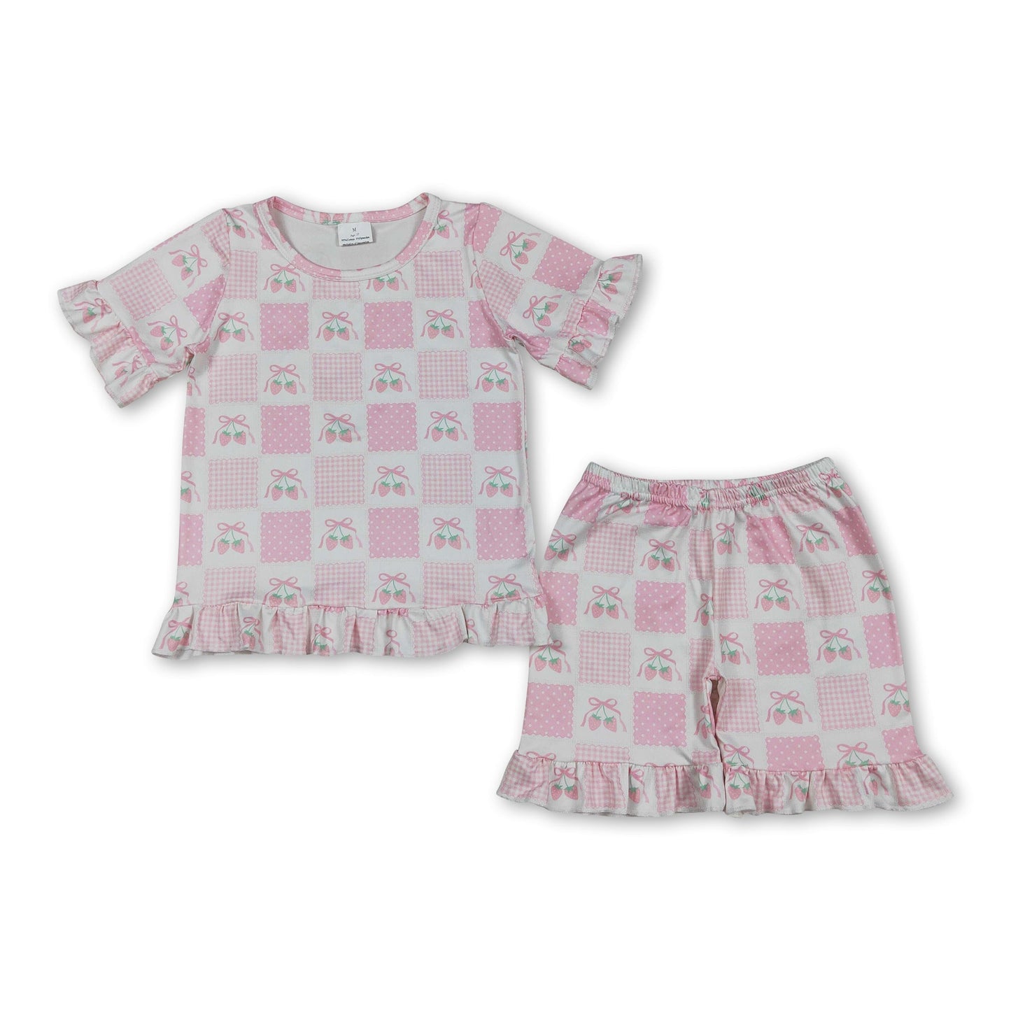 Kurzärmlige, rosa Schleifen-Erdbeer-Kinder-Mädchen-Outfits
