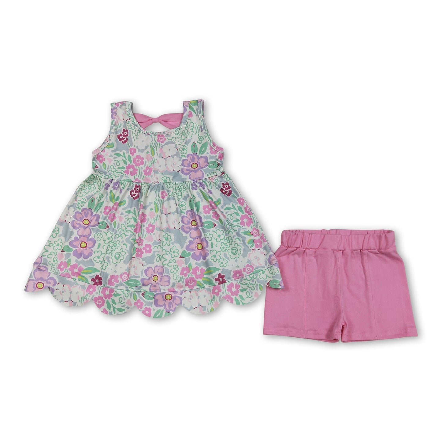Ärmellose florale Tunika mit Muschelsaum, rosa Shorts, Mädchen-Outfits