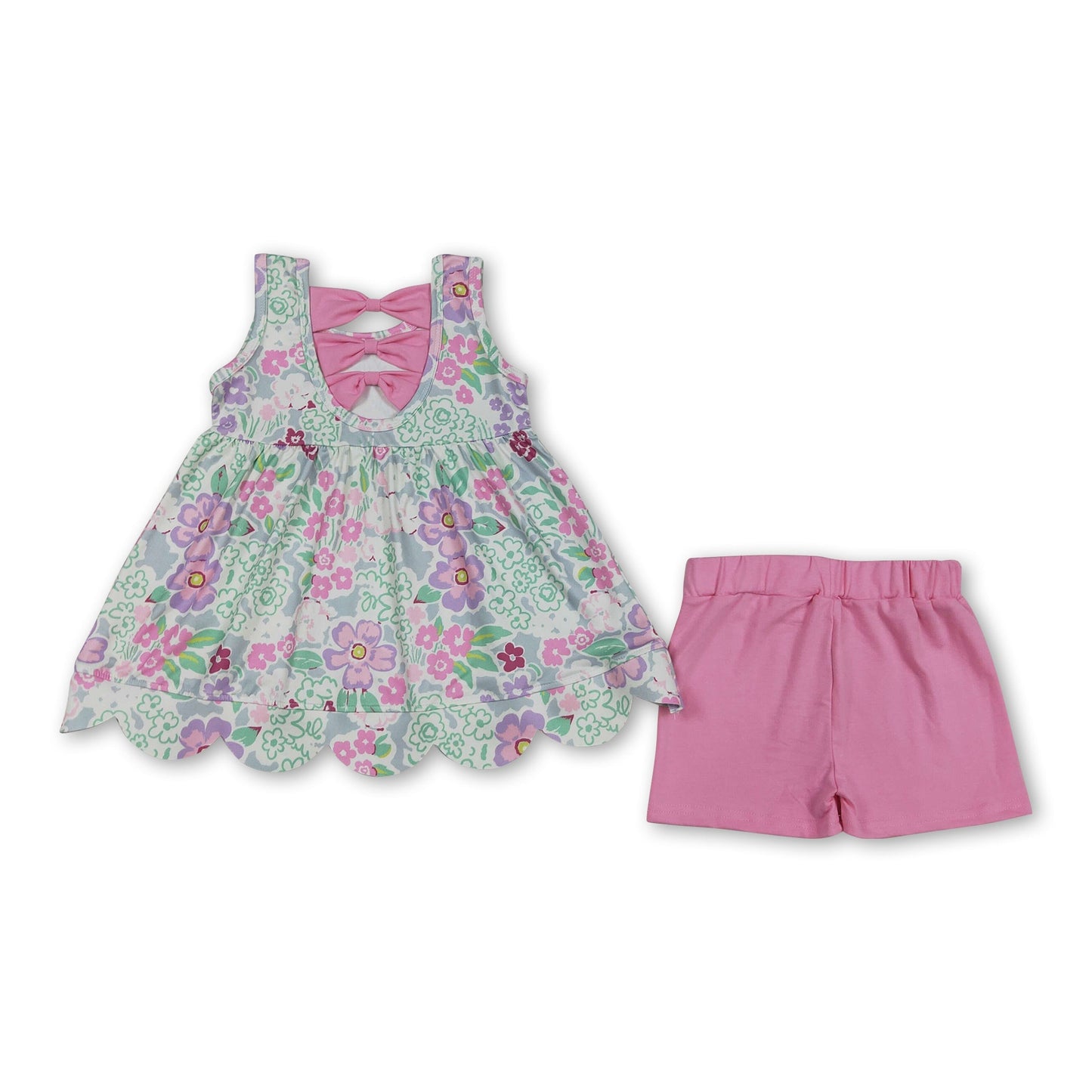 Ärmellose florale Tunika mit Muschelsaum, rosa Shorts, Mädchen-Outfits