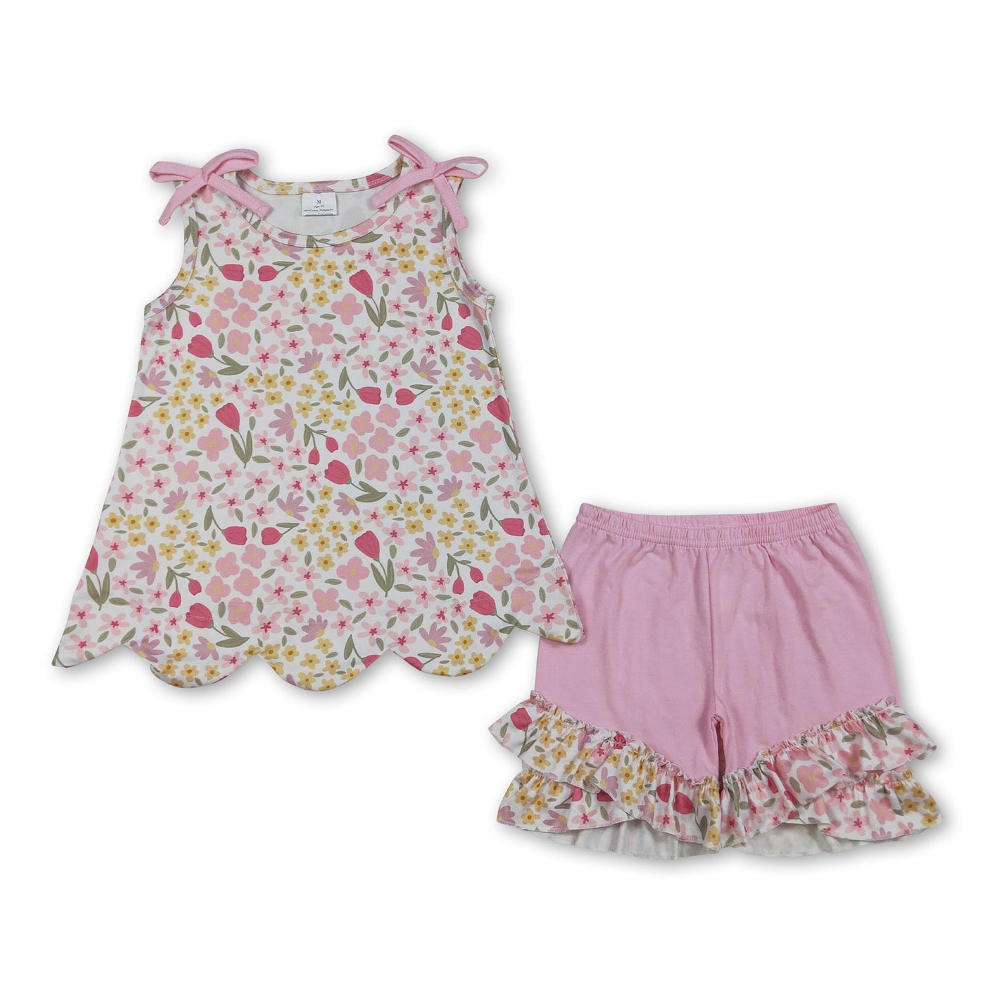 Ärmelloses Oberteil mit Blumenspitze, rosa Shorts, Mädchen-Outfits