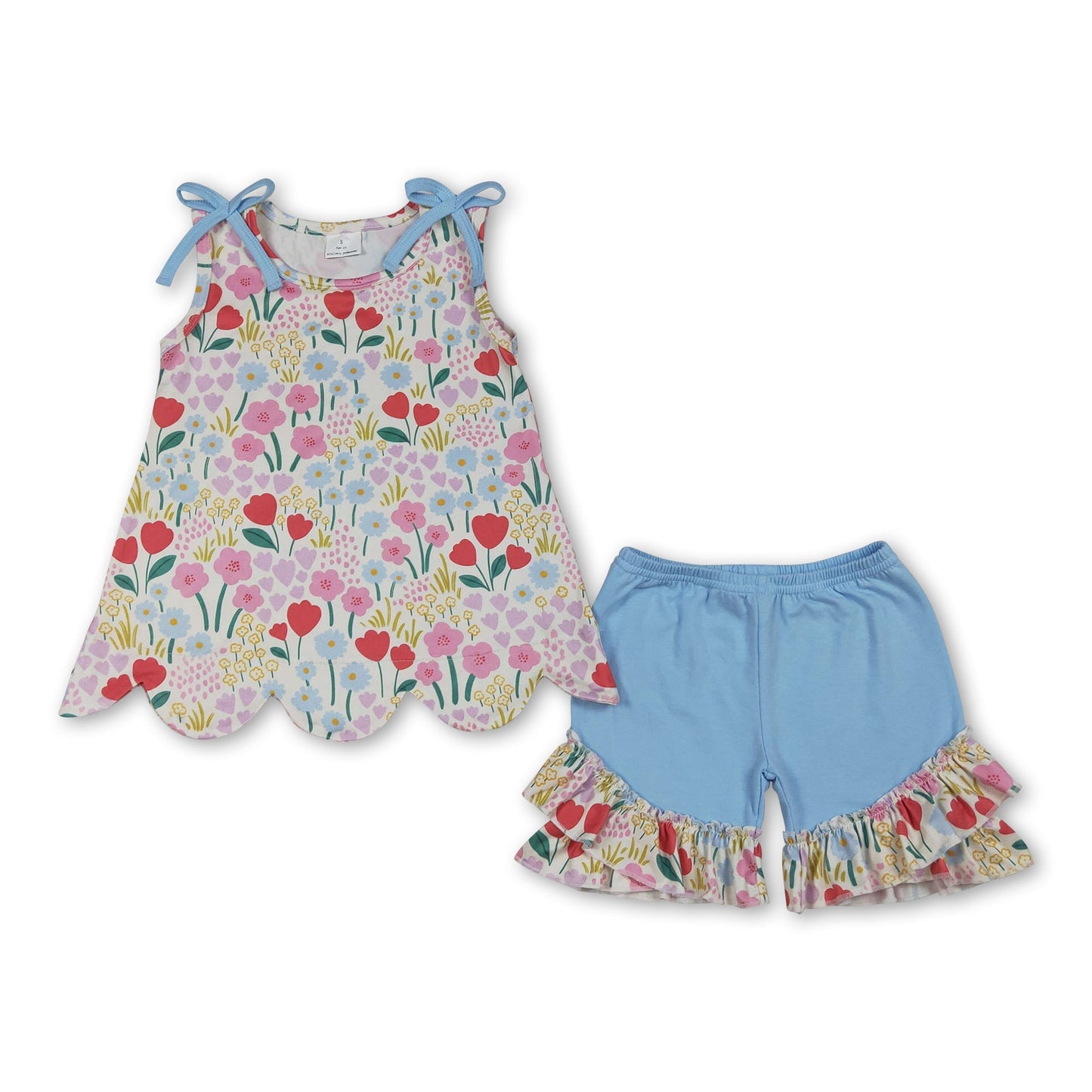 Ärmelloses Oberteil mit Muschelsaum und Blumenmuster, hellblaue Shorts, Mädchenoutfits
