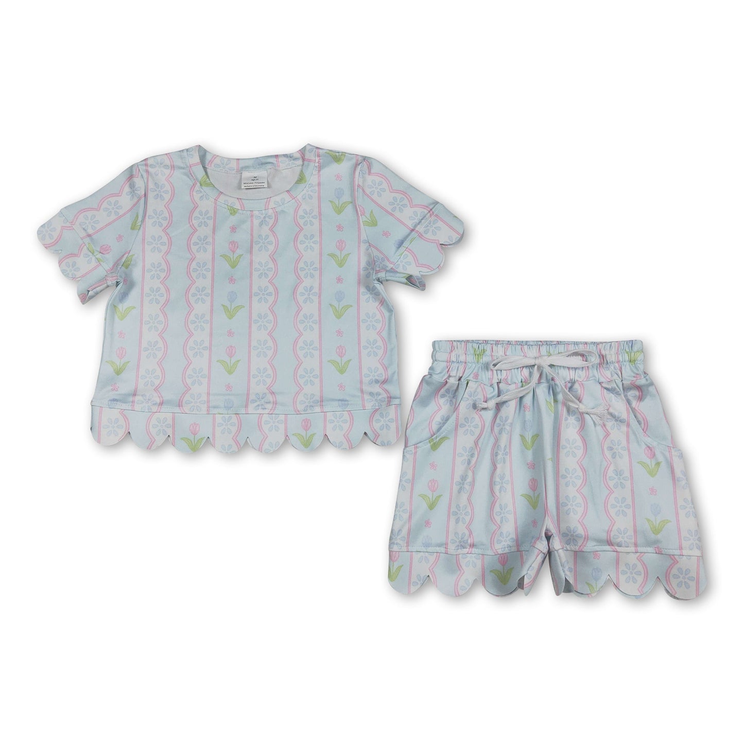 Kurzärmelige hellblaue Sommer-Outfits für kleine Mädchen mit Blumenmuster und Wellenrand