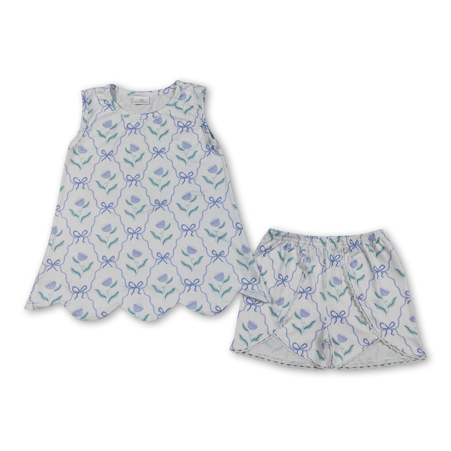 Ärmelloses Blumenmuster-Schleifen-Muschelsaum-Top mit Shorts für Mädchen