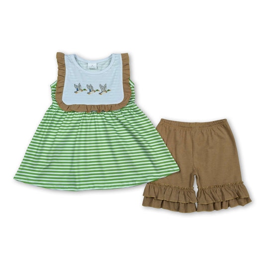 Duck embroidery stripe tunic brown shorts girls outfits