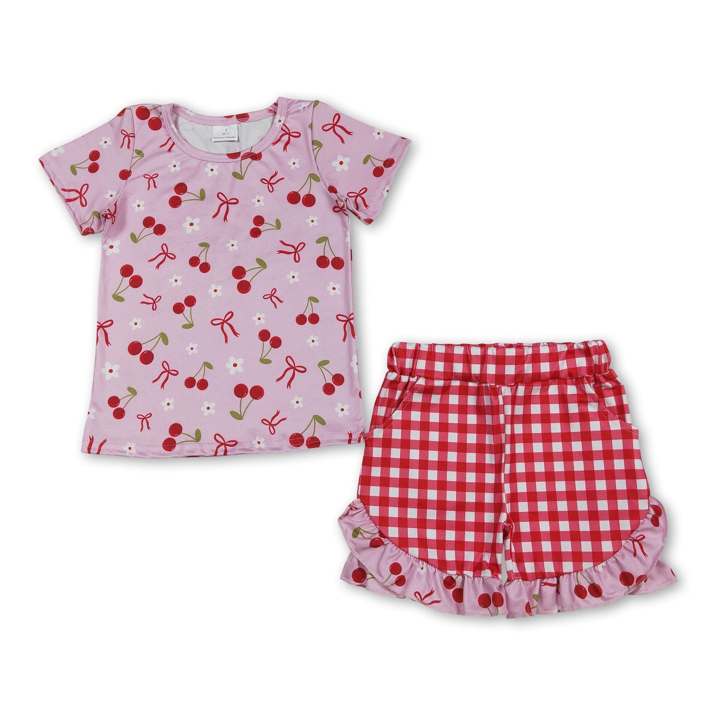 Kurzärmeliges Kirschschleifen-Top karierte Shorts Mädchen Outfits