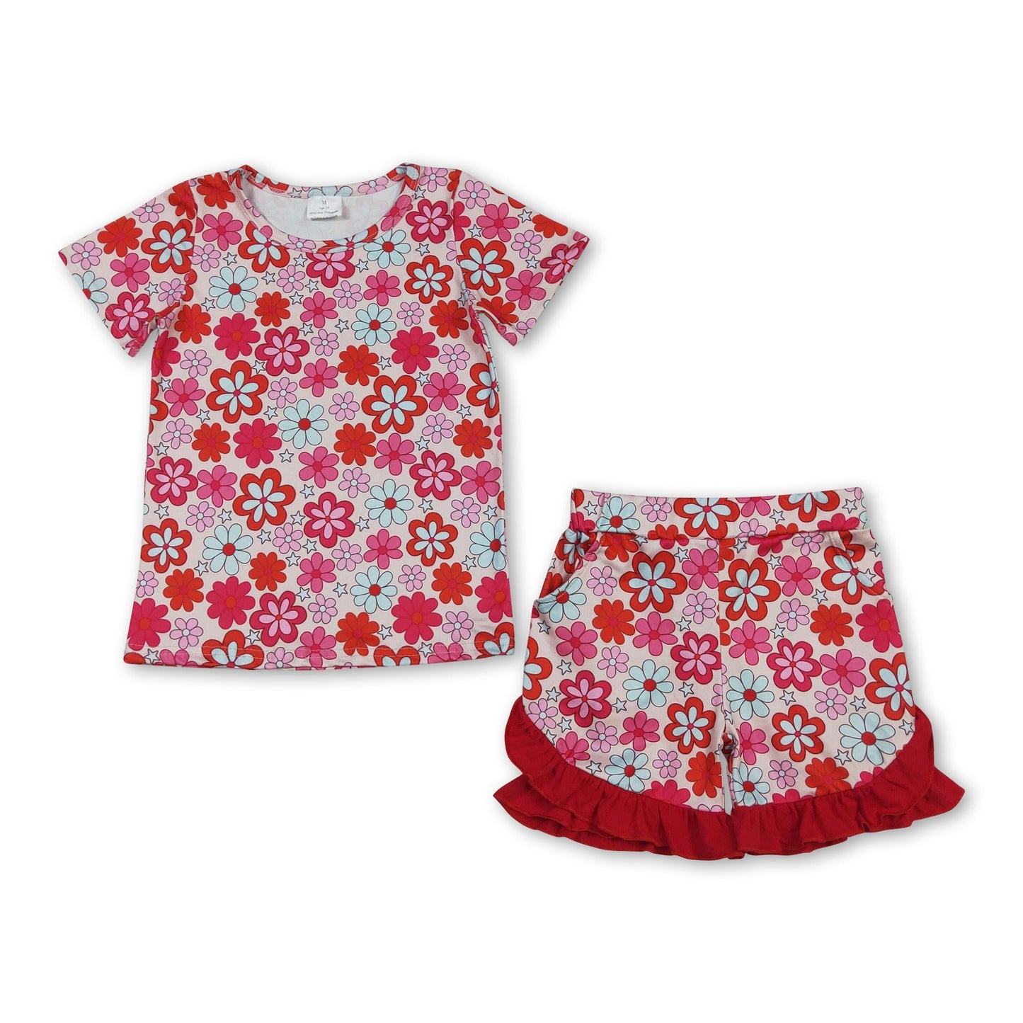 Kurzärmeliges Oberteil mit Blumenmuster, rote Rüschenshorts, Mädchen-Outfits