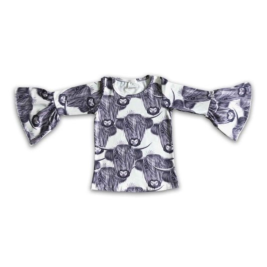 Graues Hochlandrind Rüschenärmel Mädchenshirt
