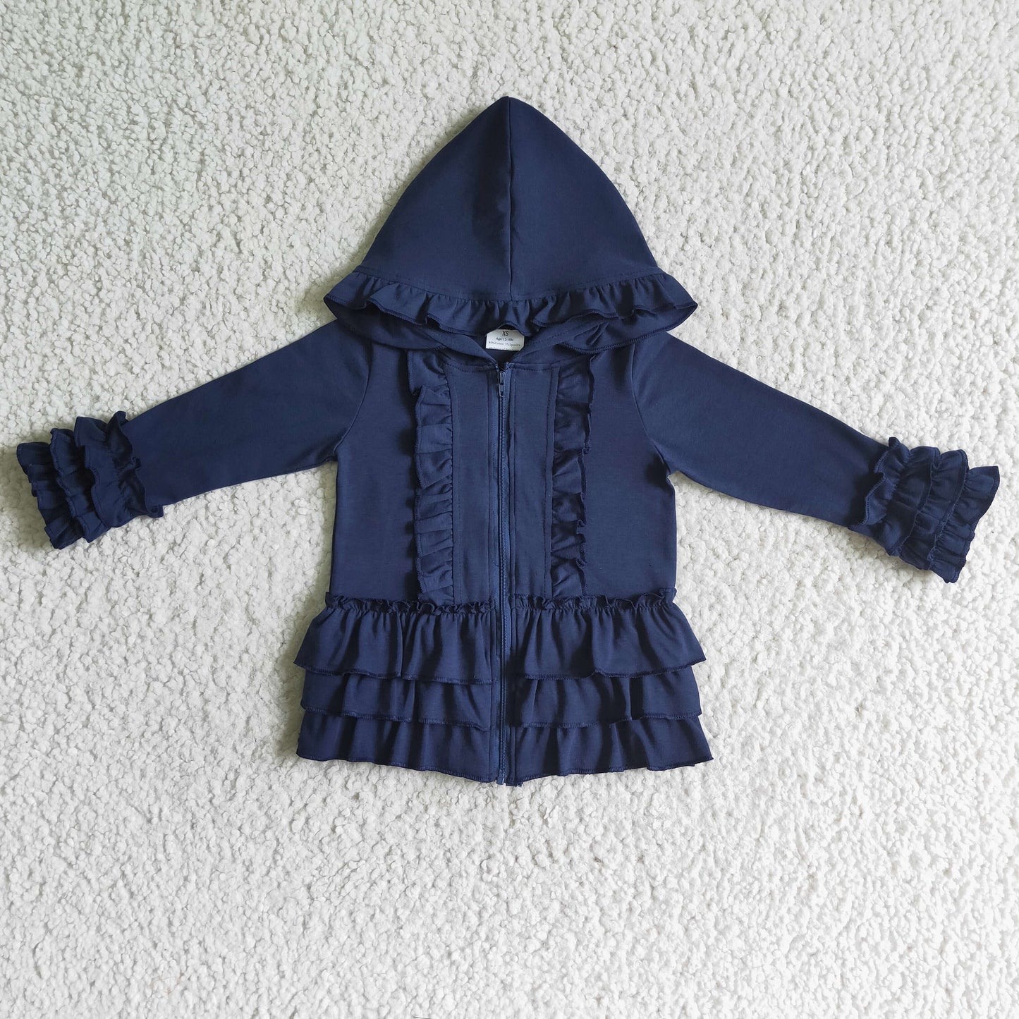 Einfarbige blaue Reißverschlussjacke für Mädchen mit Rüschen und Kapuze