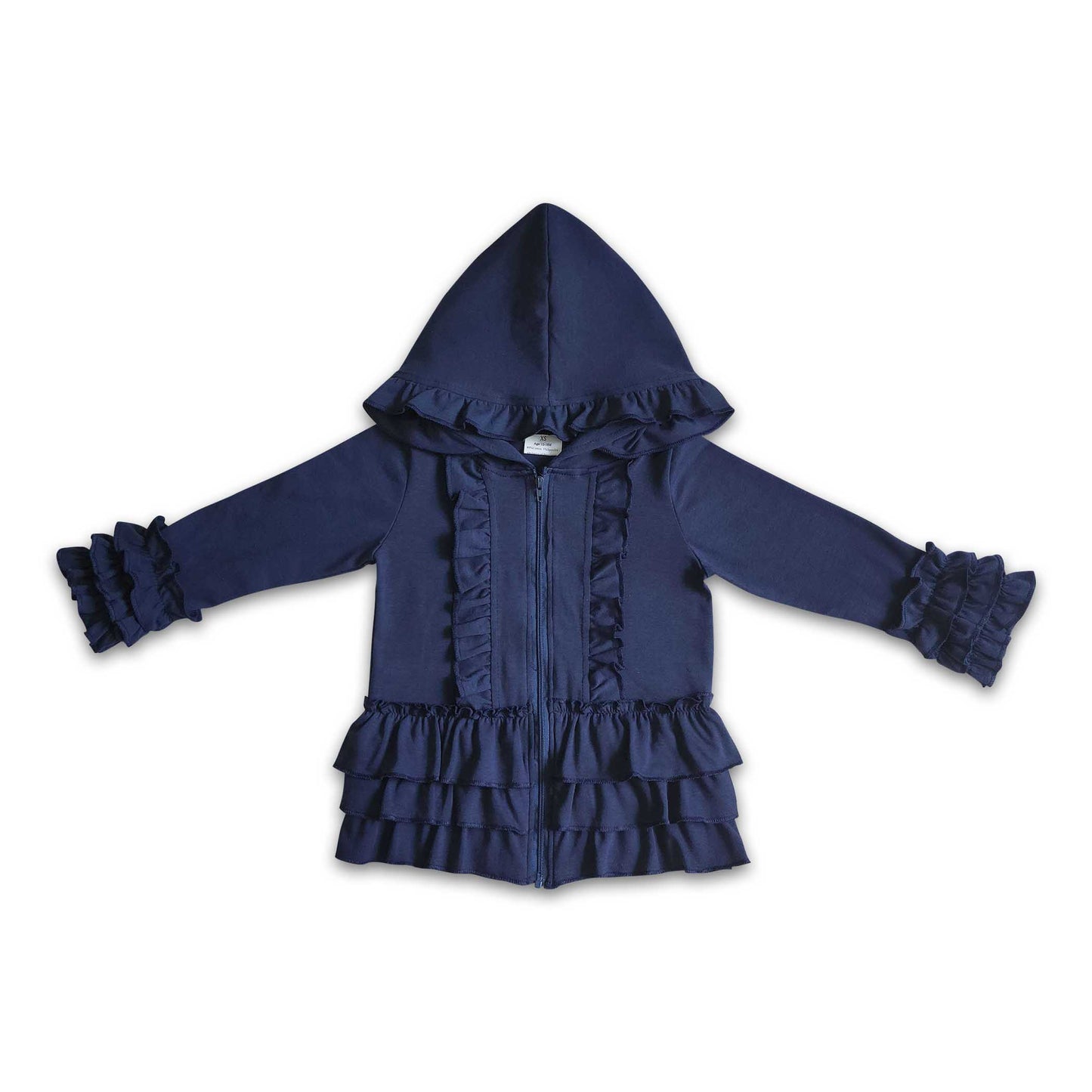 Einfarbige blaue Reißverschlussjacke für Mädchen mit Rüschen und Kapuze