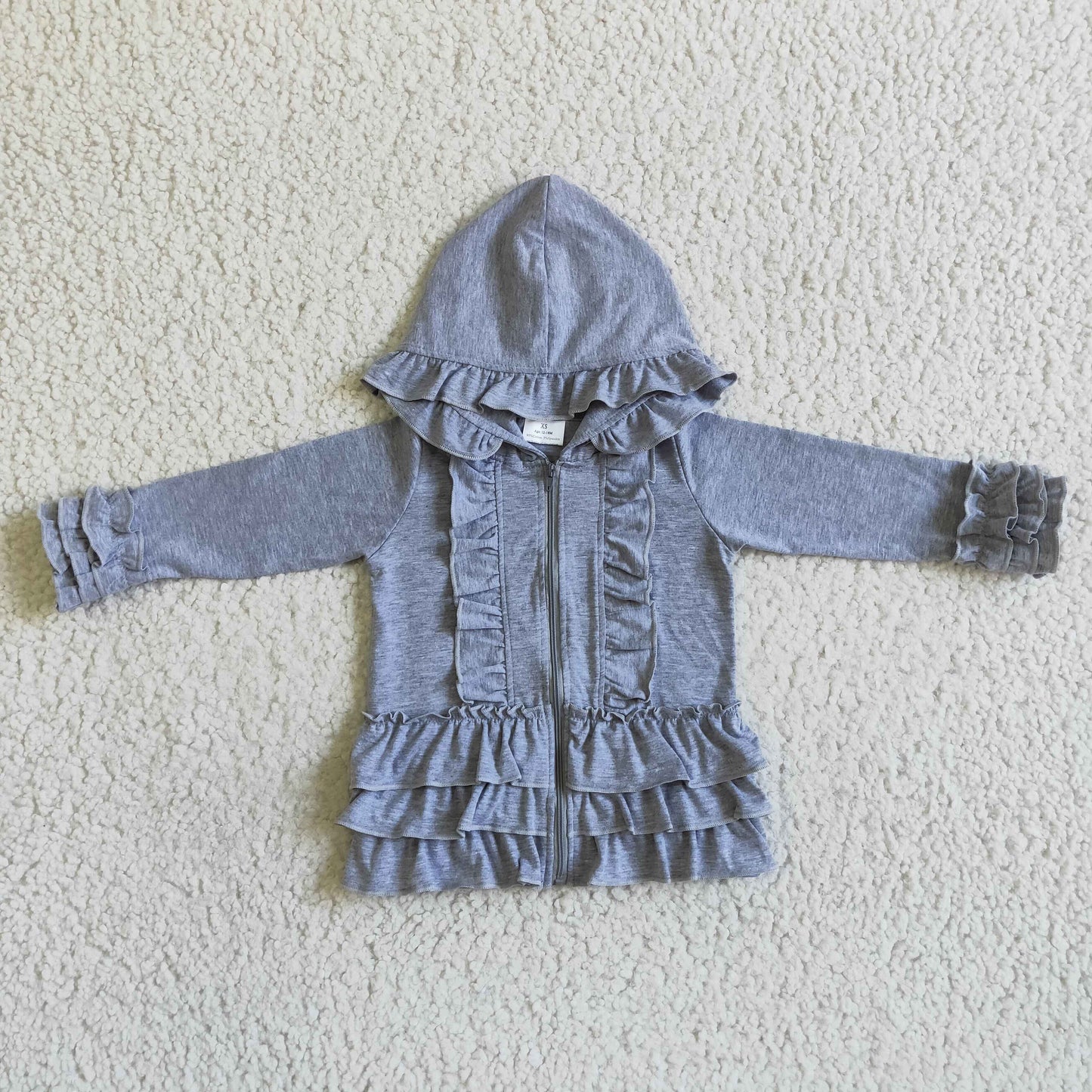Einfarbige graue Reißverschlussjacke Mädchen Rüschen Kapuzenstrickjacke