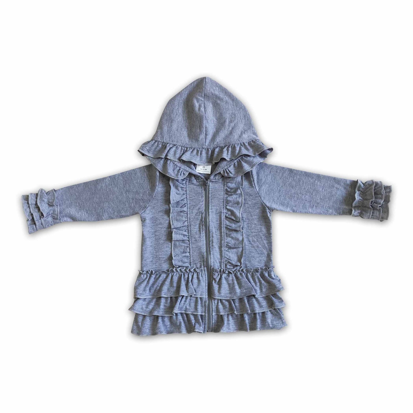 Einfarbige graue Reißverschlussjacke Mädchen Rüschen Kapuzenstrickjacke