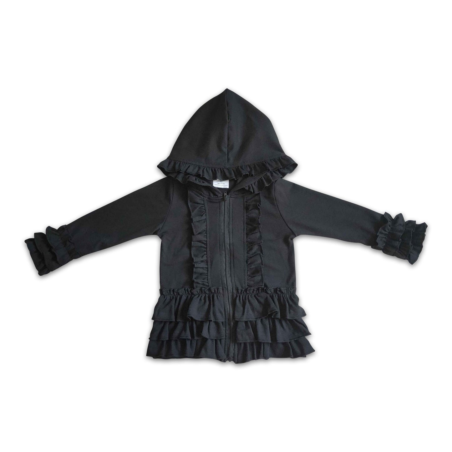 Einfarbige schwarze Reißverschlussjacke für Mädchen mit Rüschen-Kapuze und Strickjacke