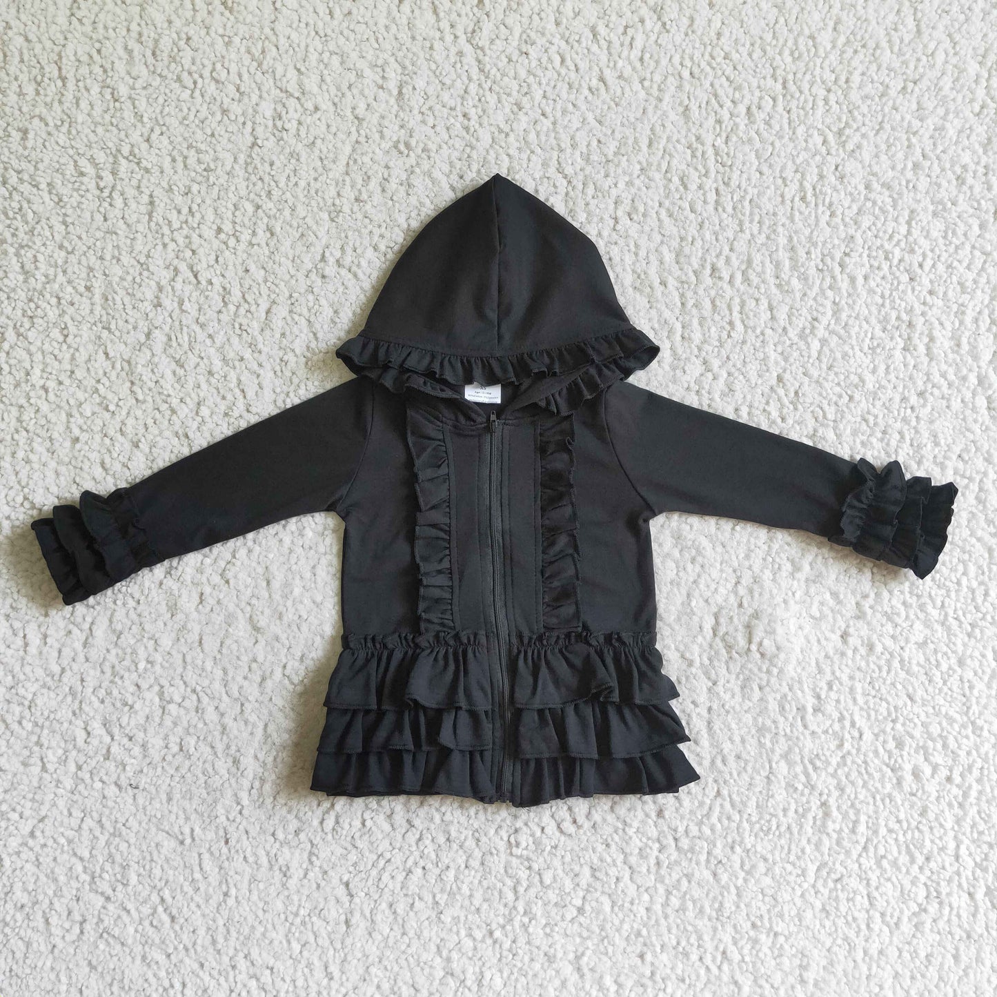 Einfarbige schwarze Reißverschlussjacke für Mädchen mit Rüschen-Kapuze und Strickjacke