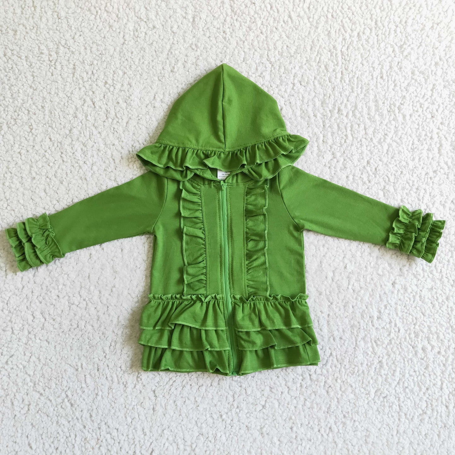 Uni-olivfarbene Reißverschlussjacke für Mädchen mit Rüschen-Kapuze und Strickjacke