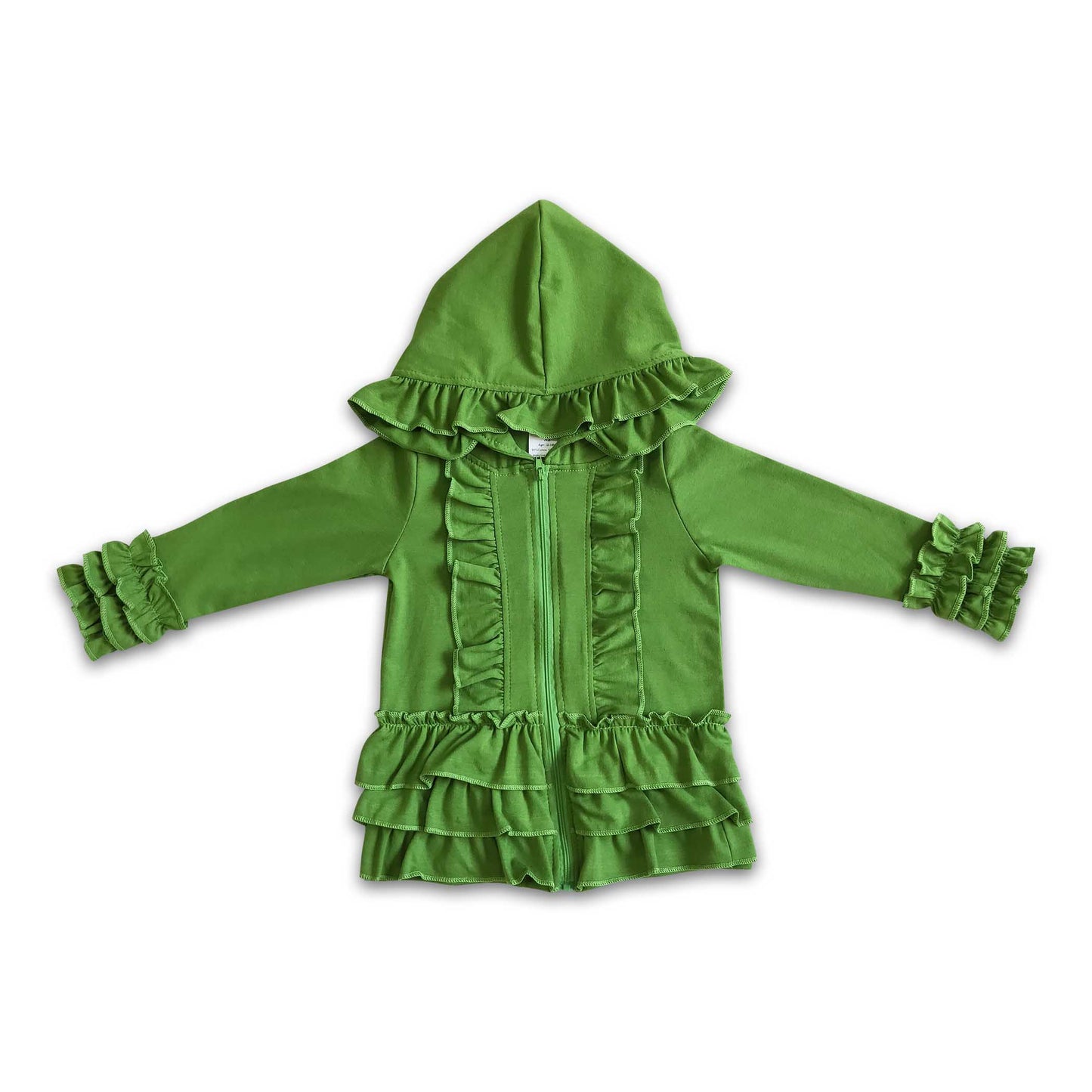 Uni-olivfarbene Reißverschlussjacke für Mädchen mit Rüschen-Kapuze und Strickjacke