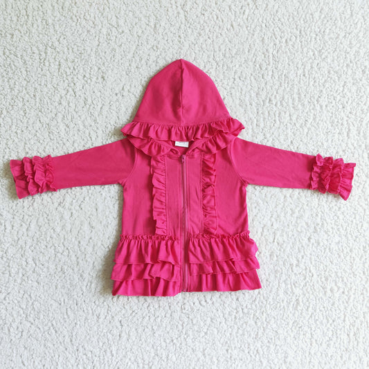 Solid hot pink zipper jacket girls ruffle hoodie cardigan