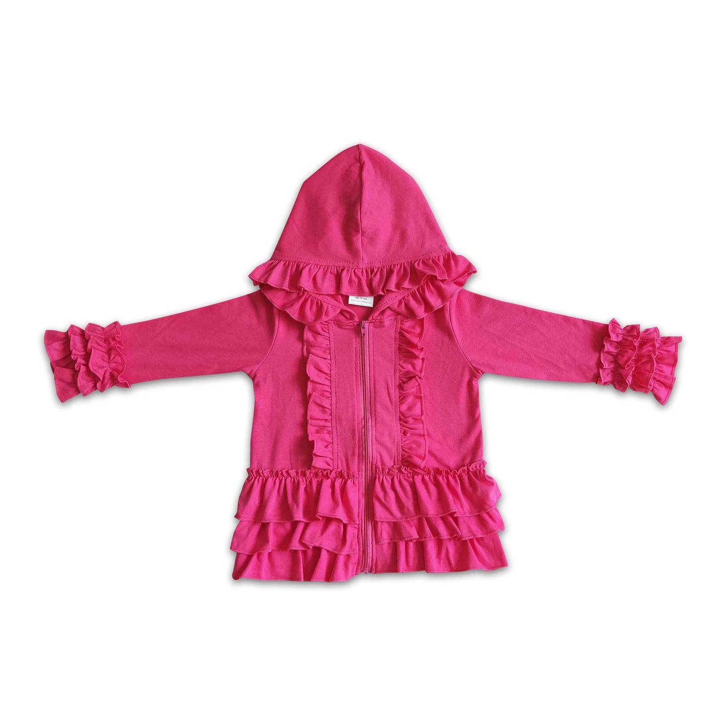 Einfarbige, pinkfarbene Reißverschlussjacke für Mädchen mit Rüschenkapuze