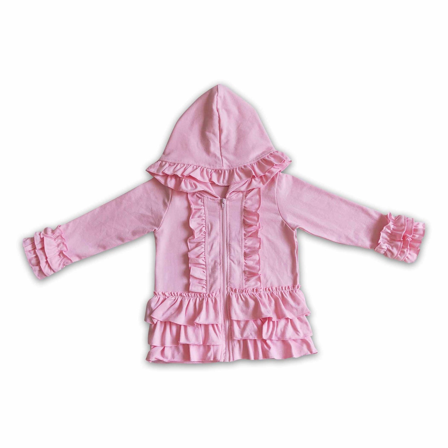Einfarbige pinkfarbene Reißverschlussjacke für Mädchen mit Rüschen-Kapuze