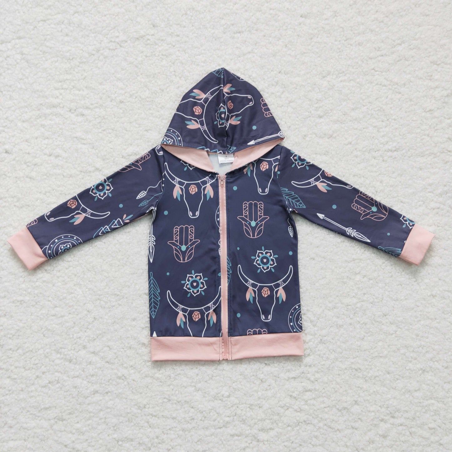 Kapuzenpullover mit Bullenschädel- und Federnmotiv, Westernjacke für Mädchen