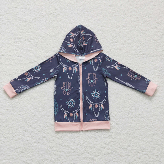 Bull skull feather zipper hoodie girls western jacket
