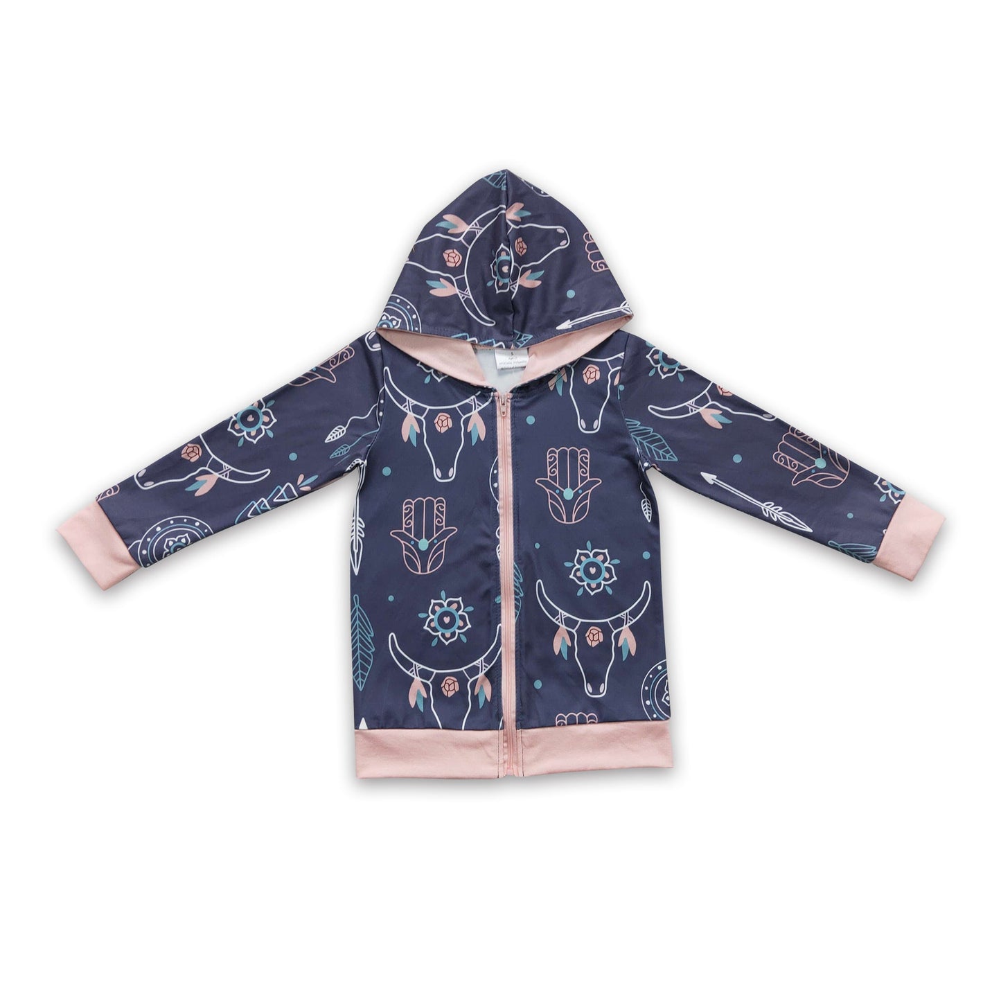 Kapuzenpullover mit Bullenschädel- und Federnmotiv, Westernjacke für Mädchen