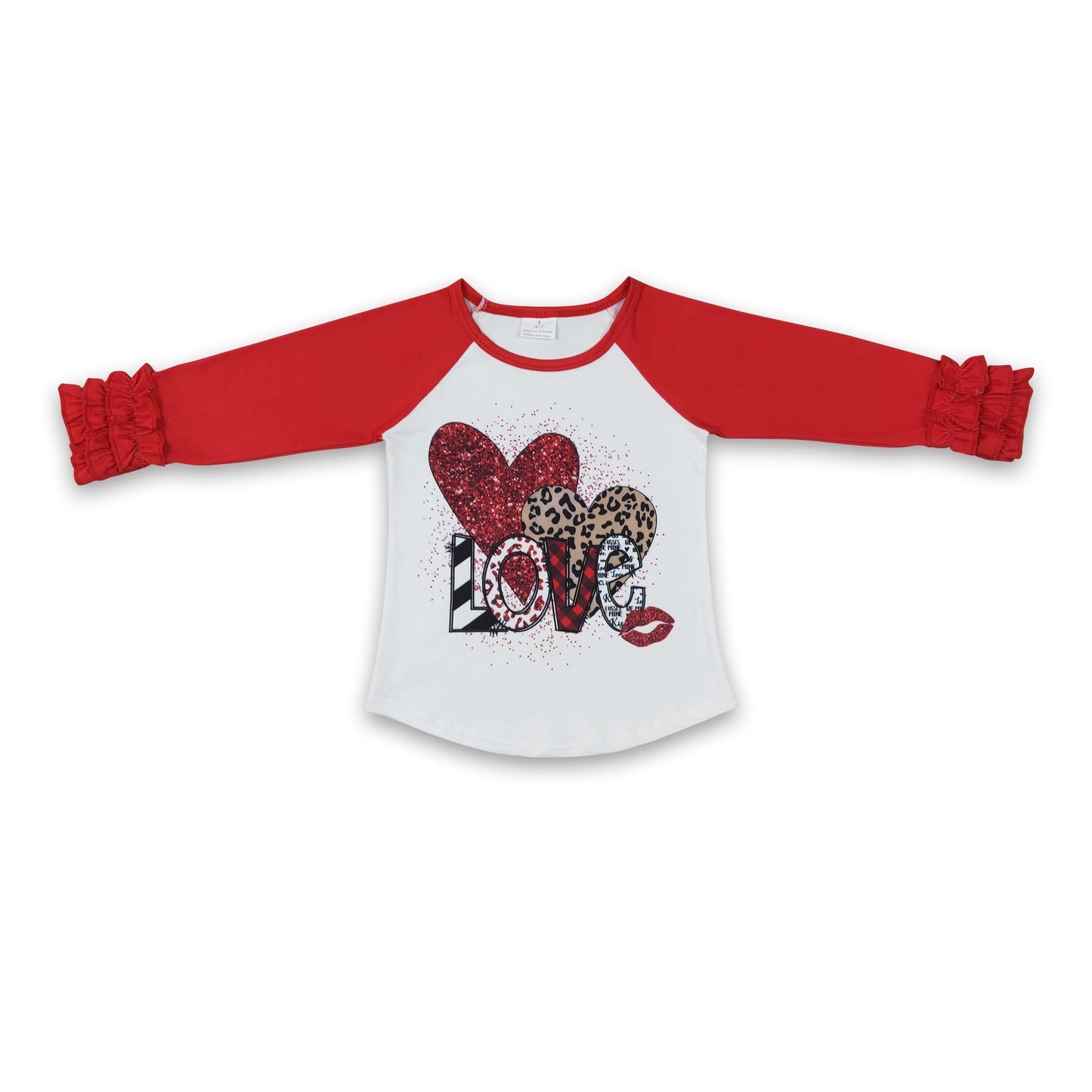 Liebesherz Lippen rot Zuckerguss Rüschen Raglan Mädchen Valentinstag Shirt