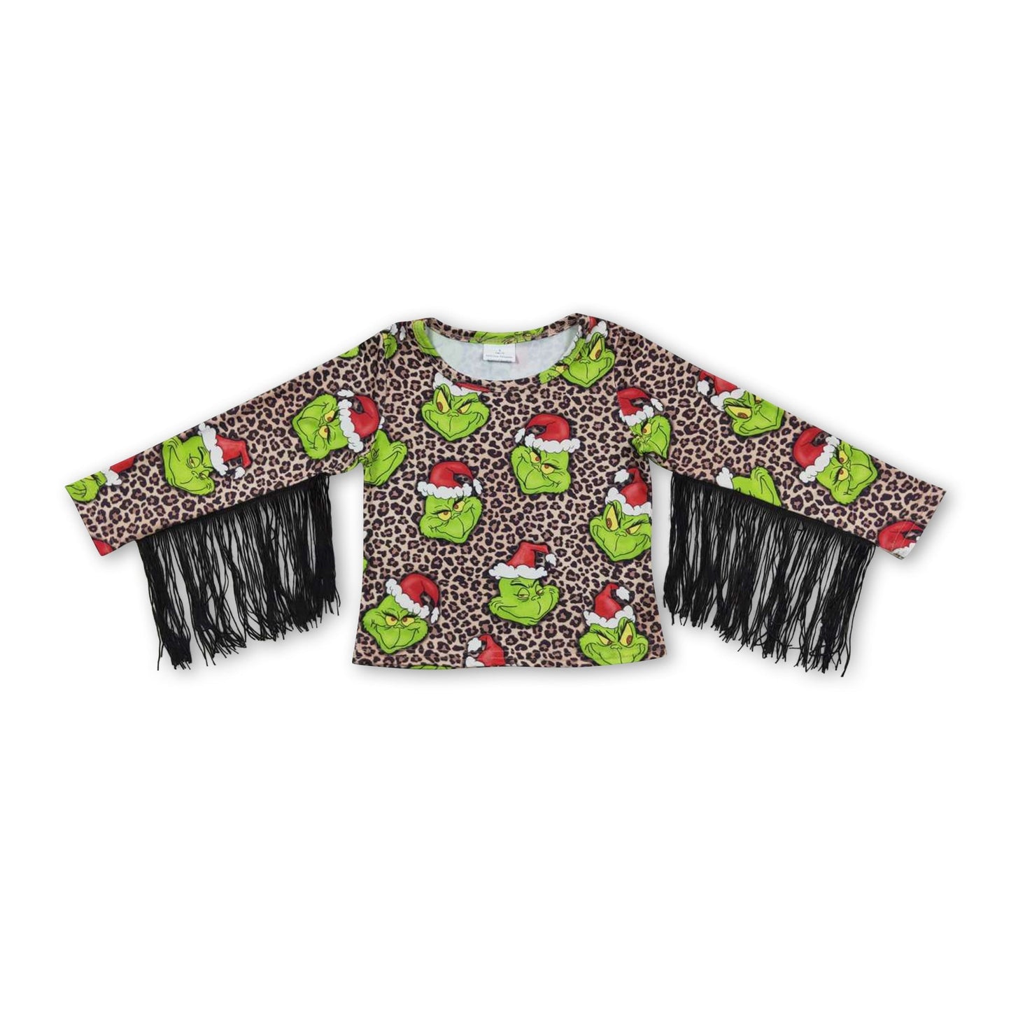 Langarm Leopard Grün Gesicht Quasten Mädchen Weihnachtsshirt