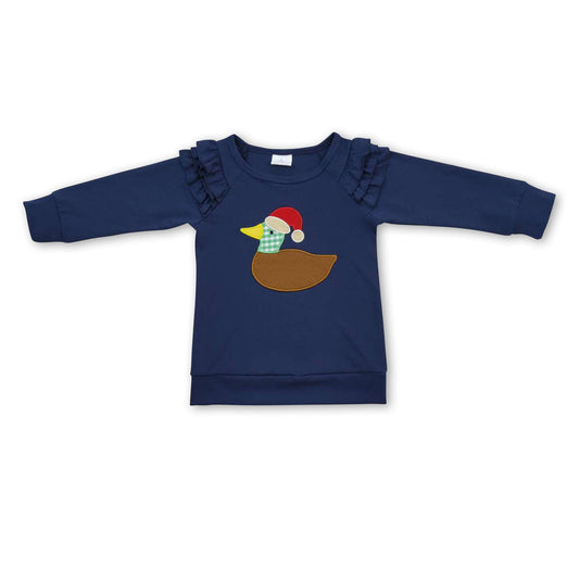 Duck Christmas hat navy ruffle kids girls shirt