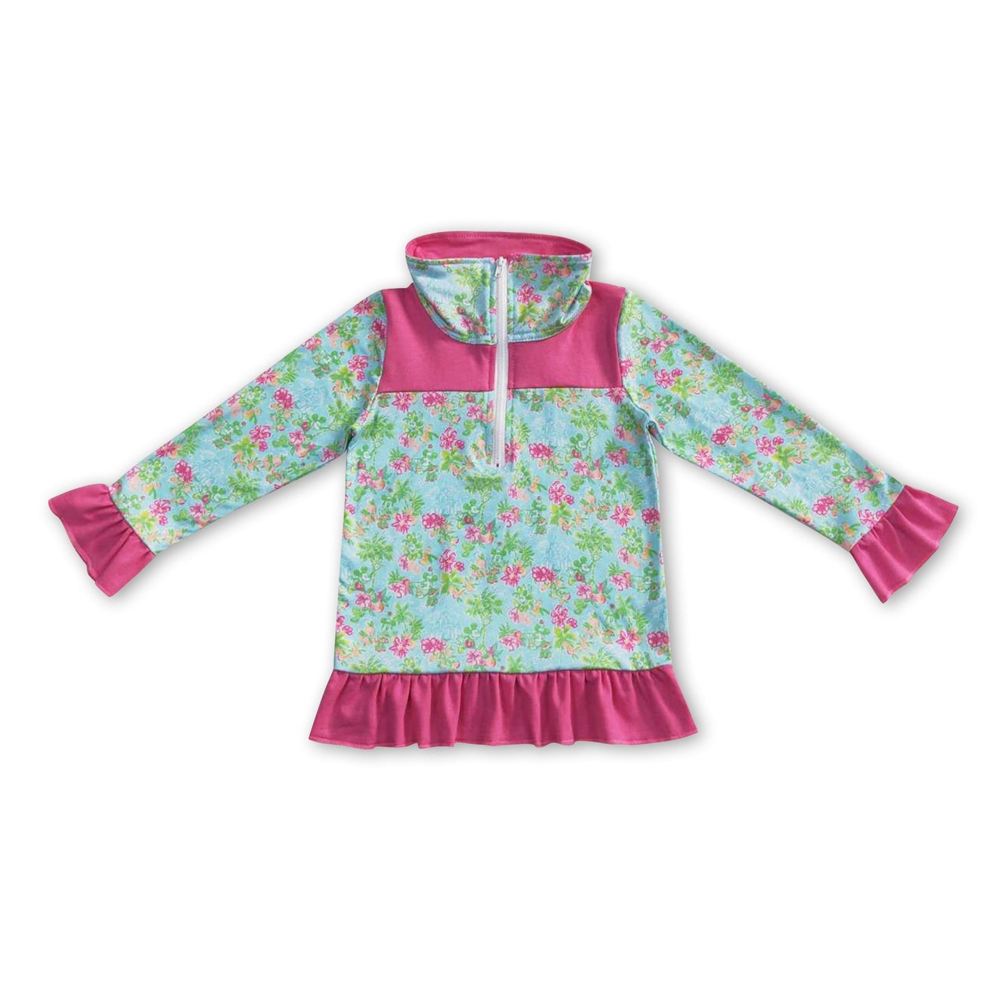 Heißrosa Rüschen-Blumenmuster Kinder-Mädchen-Reißverschluss-Pullover