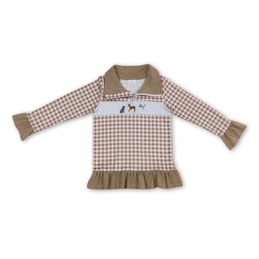 Khaki karierter Reißverschluss-Pullover für Kinder/Mädchen mit Hunde-, Hirsch- und Entenmotiv