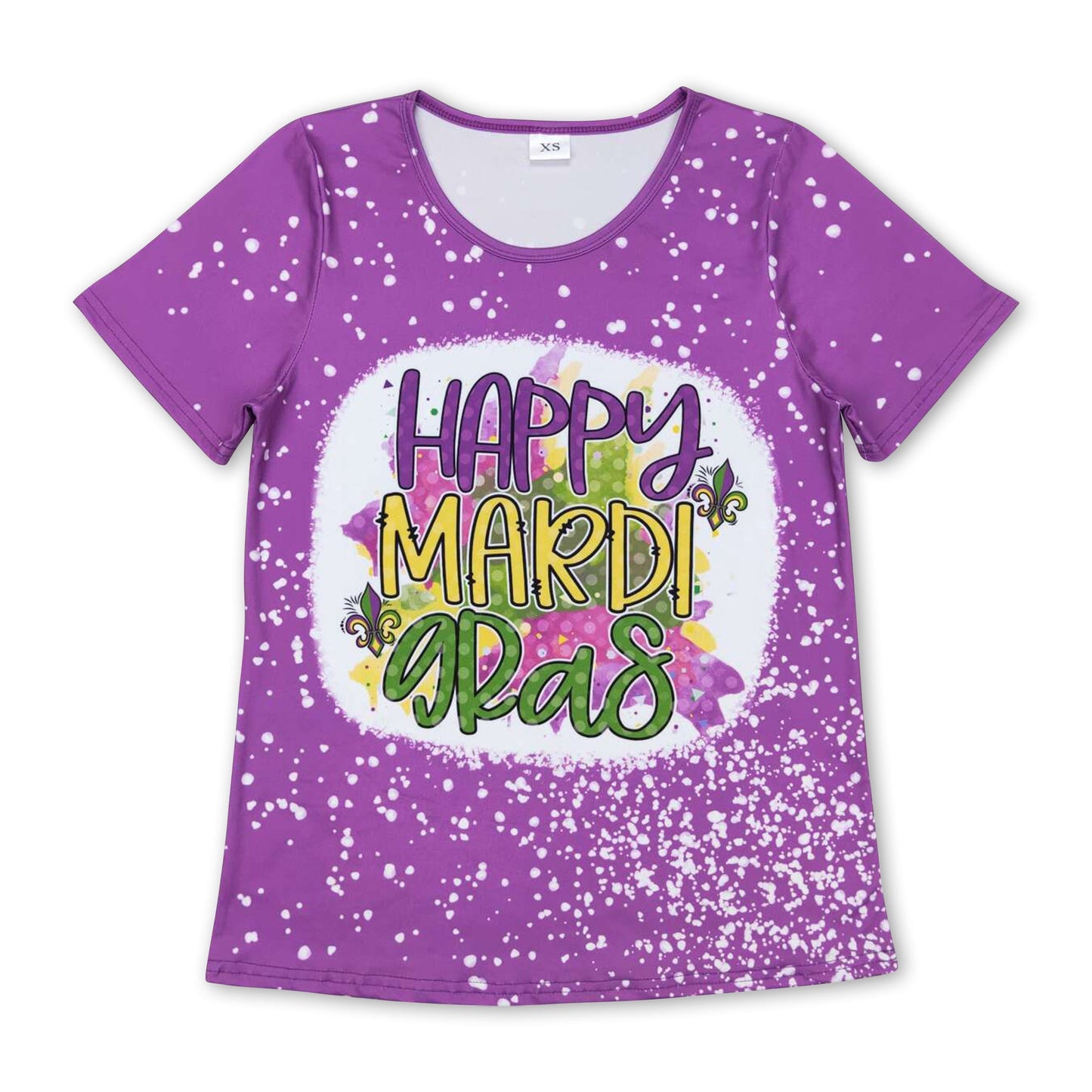 Kurzärmeliges lilafarbenes "Happy Mardi Gras" Damen-Shirt