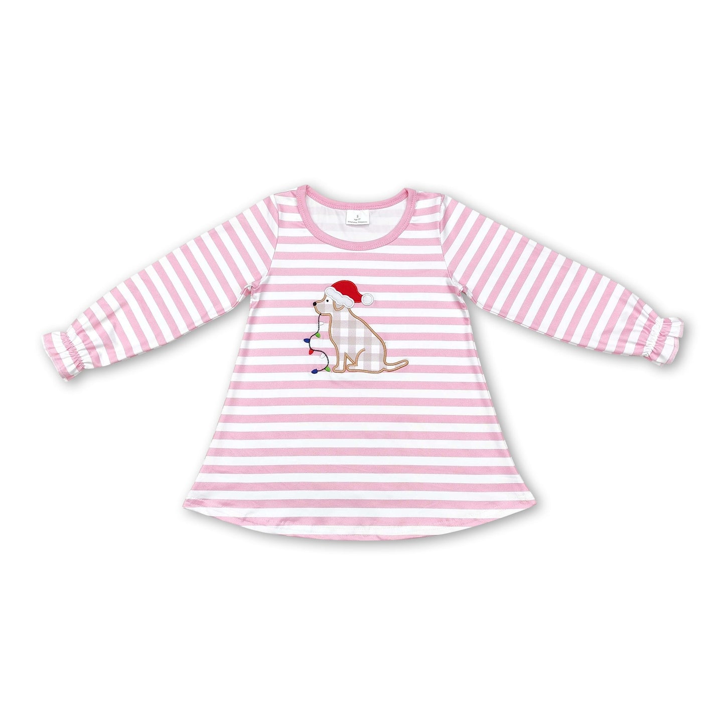 Rosa gestreiftes Weihnachts-Hundeleuchten Kinder Mädchen Shirt