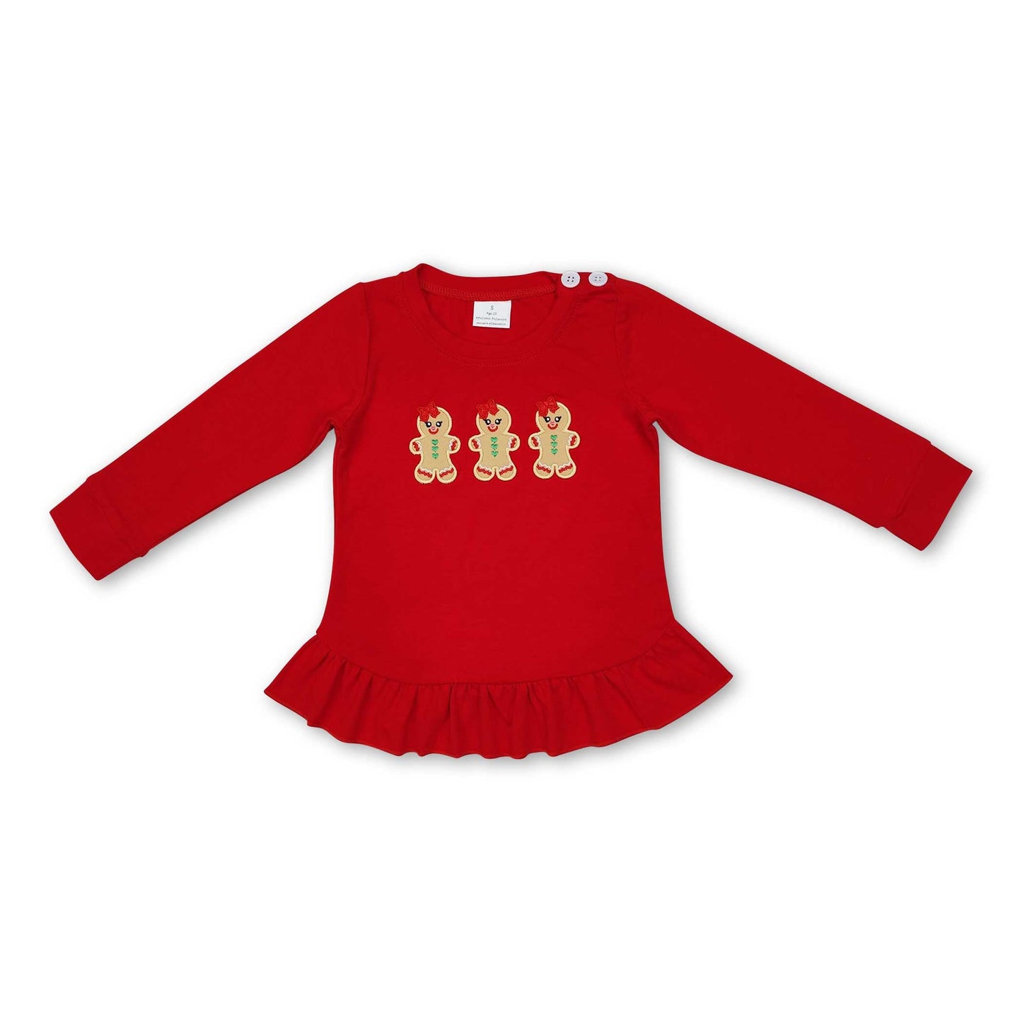 Langärmeliges rotes Rüschen-Lebkuchenmädchen-Weihnachtsshirt