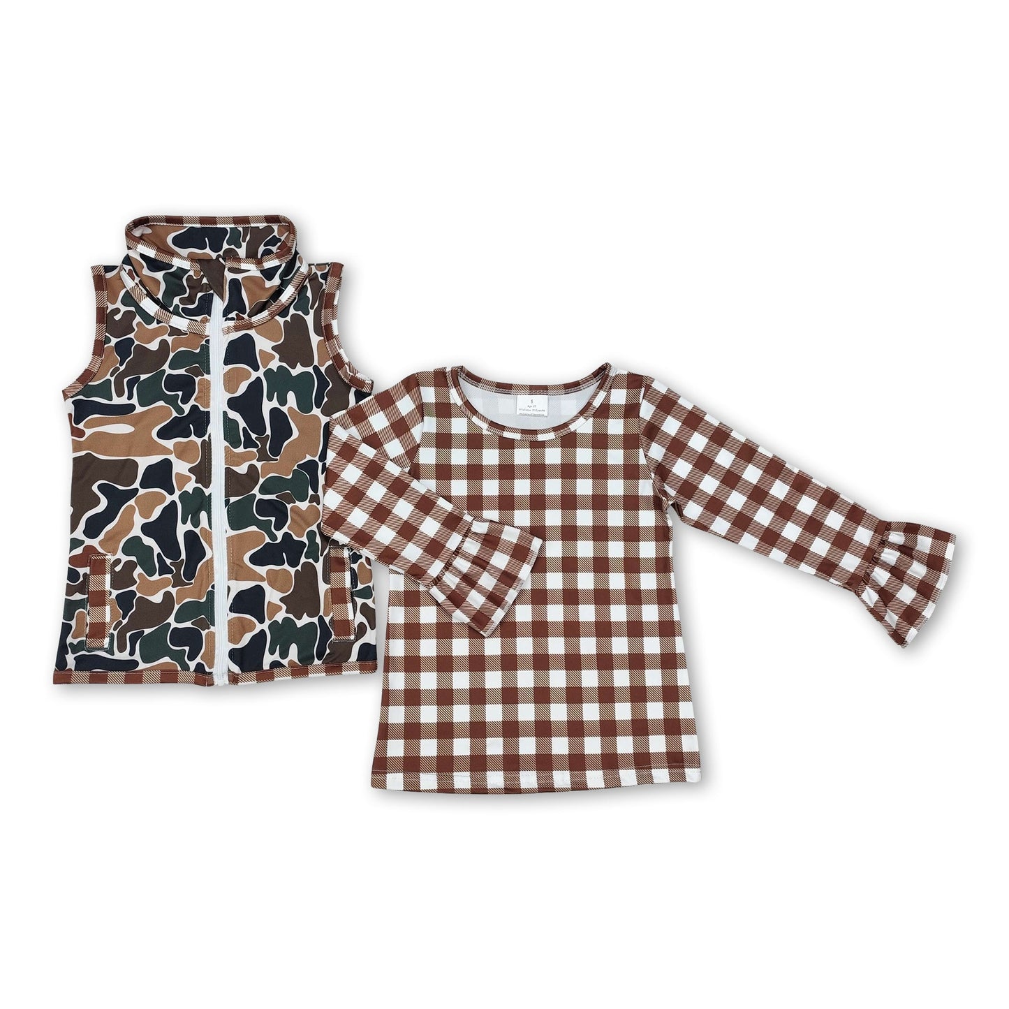 Ärmellose Camo-Weste, kariertes Hemd, Mädchen-Kleidungsset