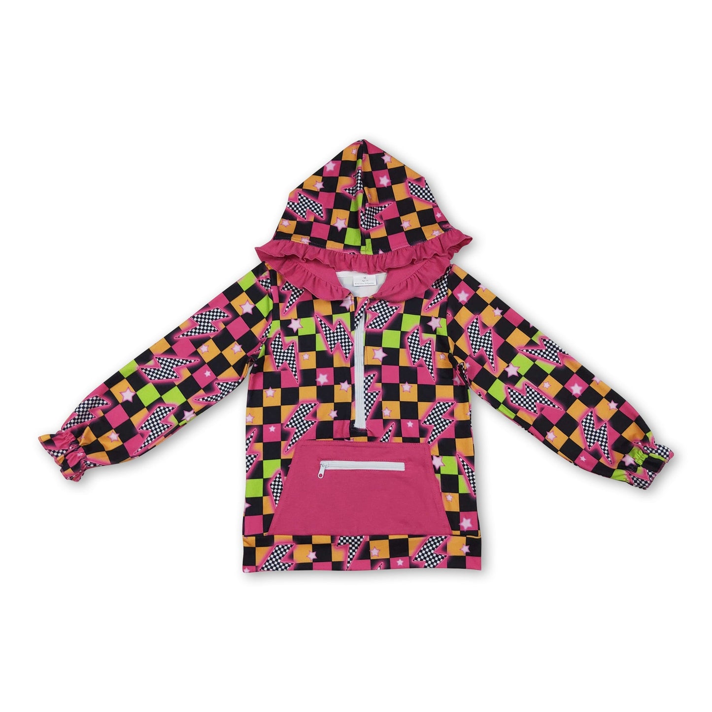 Langärmliger karierter Donnerrüschen-Mädchen-Kapuzenpullover mit Reißverschluss