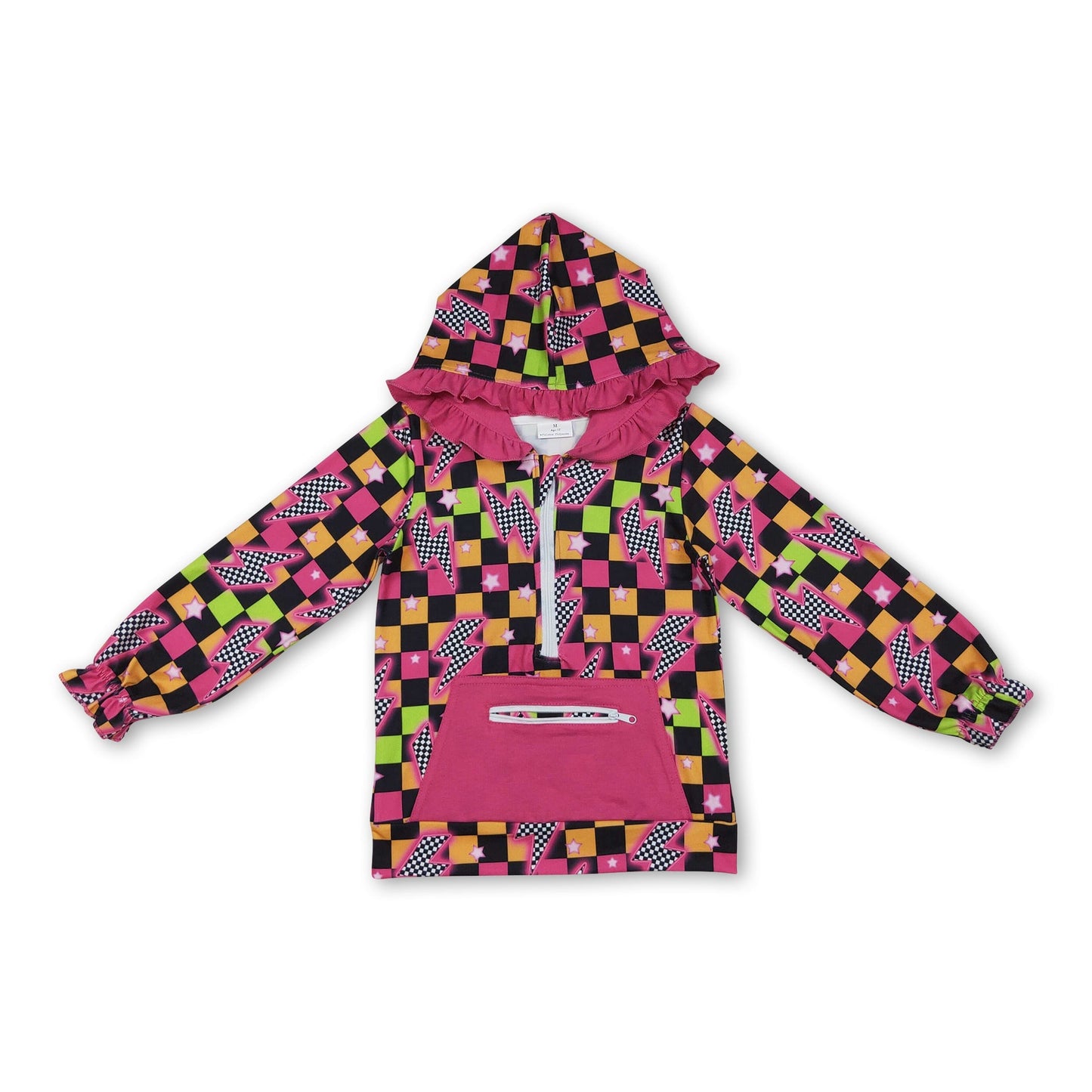 Langärmliger karierter Donnerrüschen-Mädchen-Kapuzenpullover mit Reißverschluss