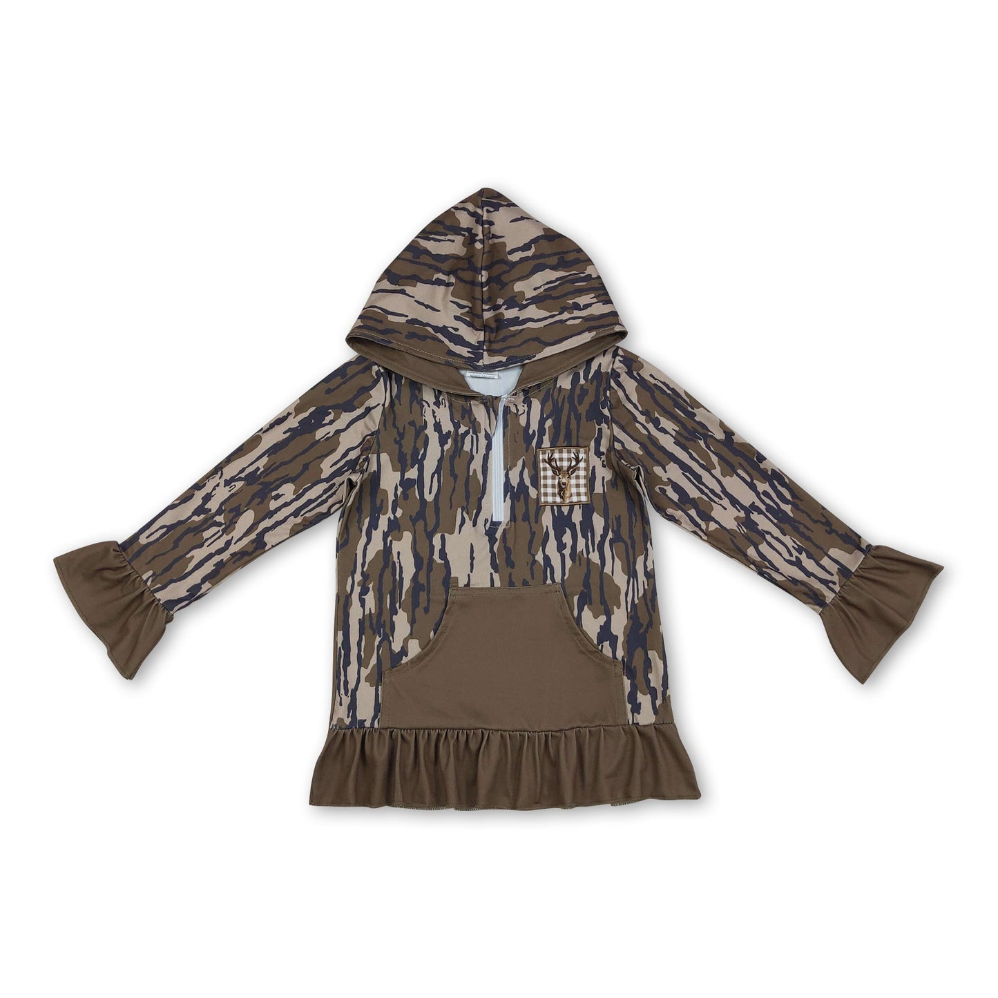 Hirsch-Tarnmuster Mädchen-Pullover mit Reißverschluss und Rüschentasche