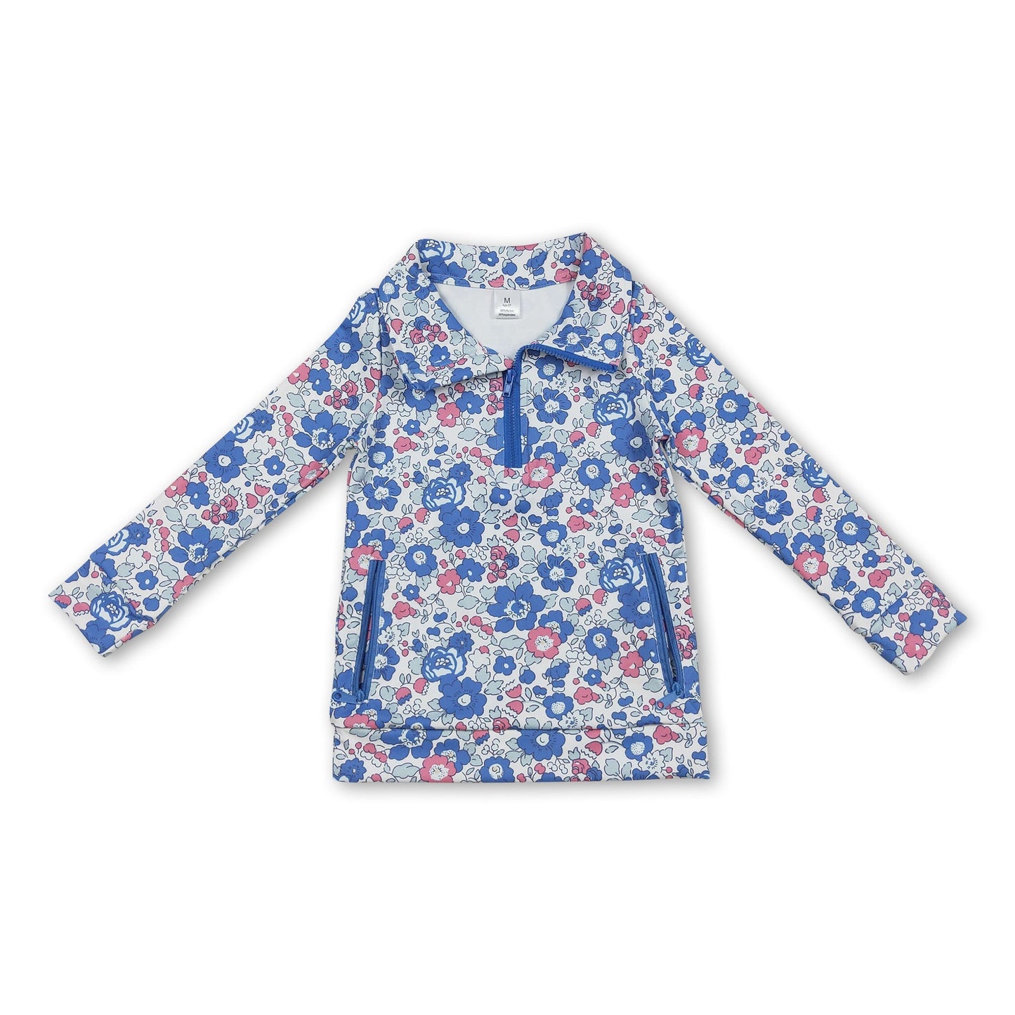 Langärmeliger, blauer Pullover für Mädchen mit Blumenmuster und Reißverschlusstaschen