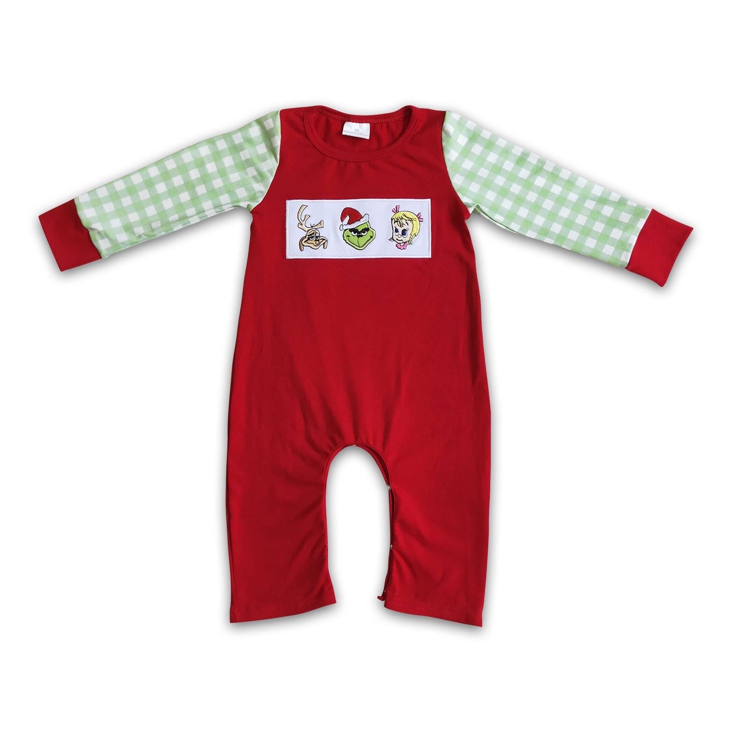 Roter Strampler für Jungen mit grünem Baumwoll-Gesicht-Stickerei zu Weihnachten