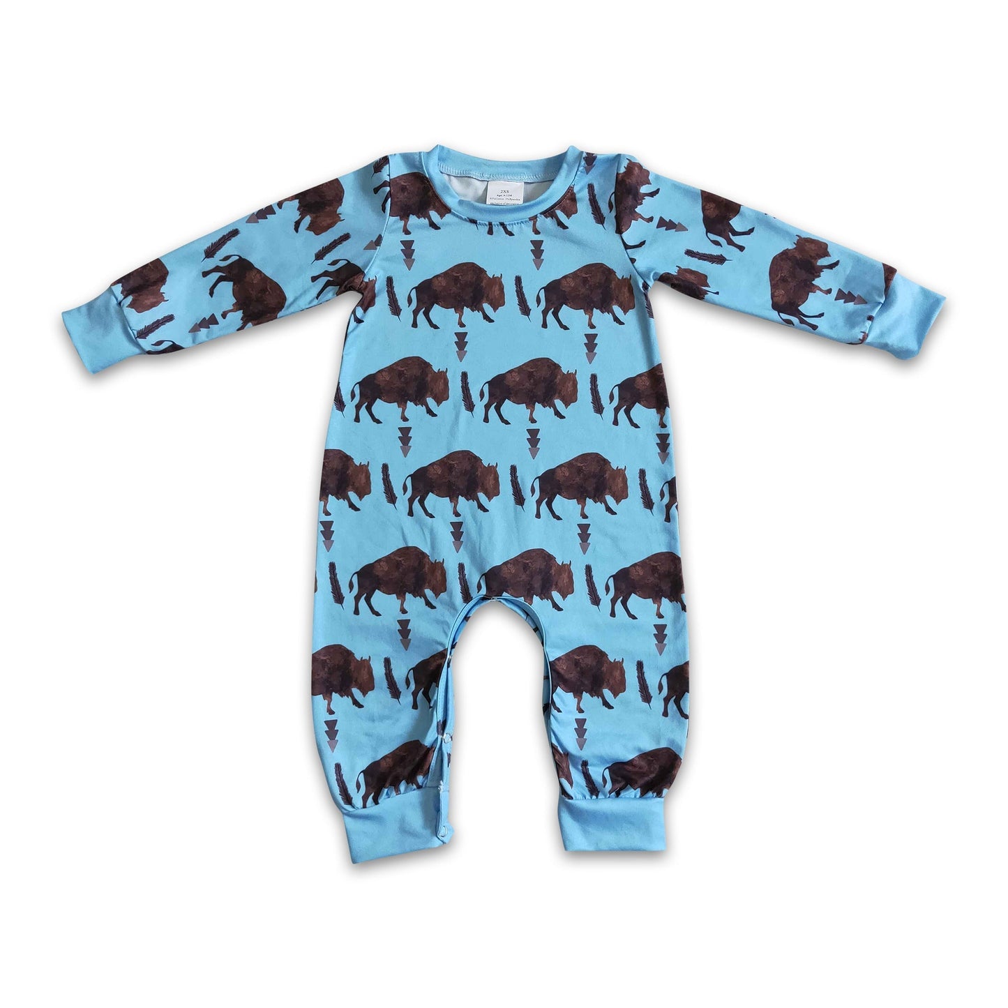 Blau-brauner Langarm-Strampler mit Kuh-Motiv für Jungen