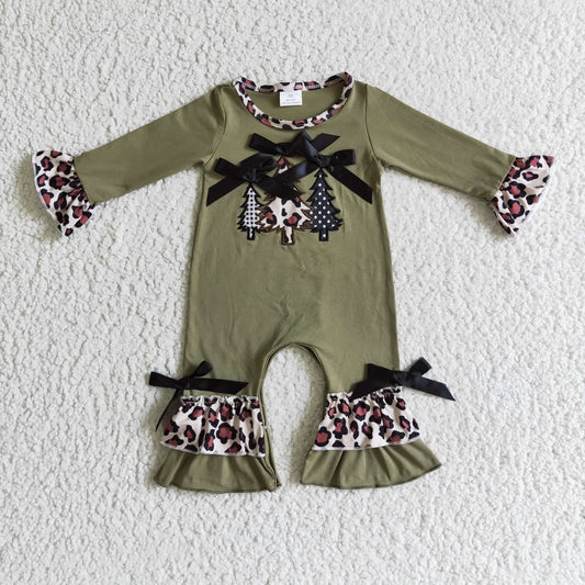 Christmas tree embroidery olive cotton baby Christmas romper