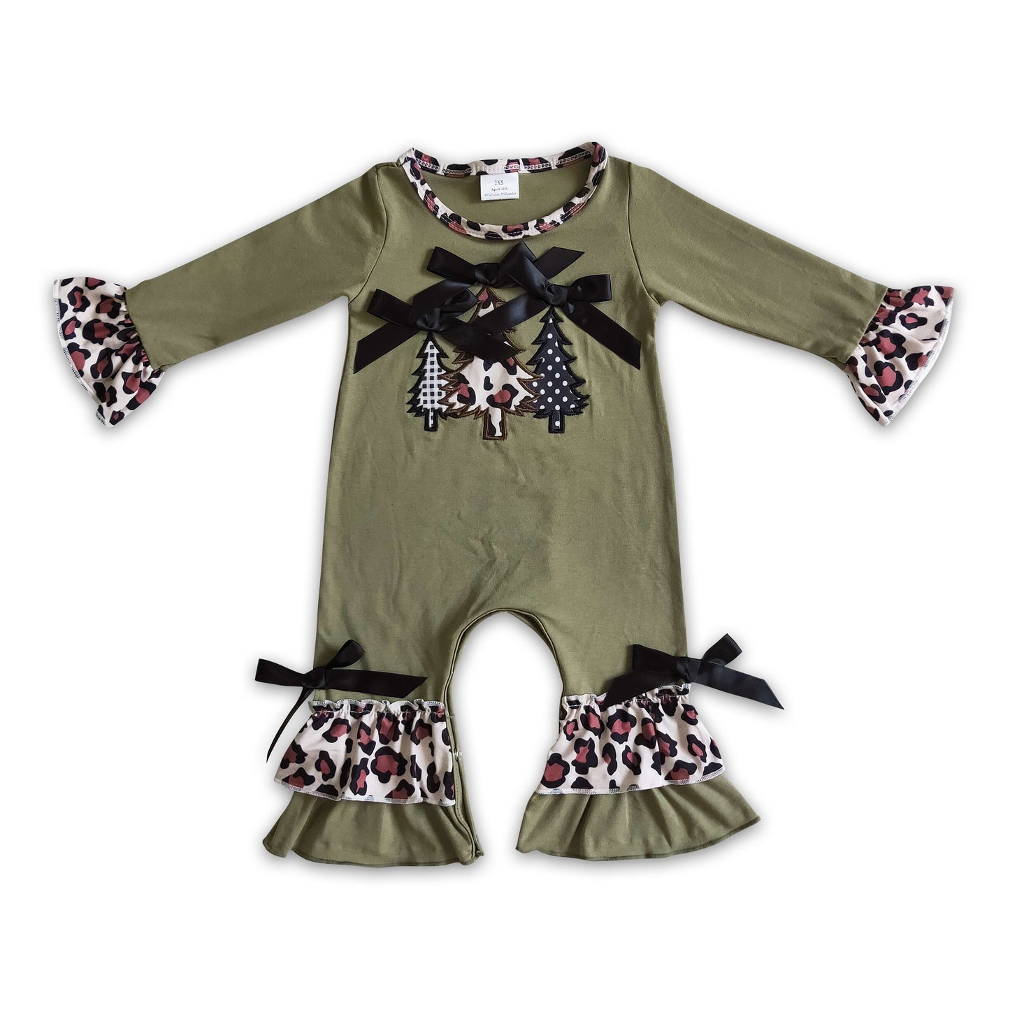 Weihnachtsbaum-Stickerei olivfarbener Baumwoll-Baby-Weihnachts-Strampler
