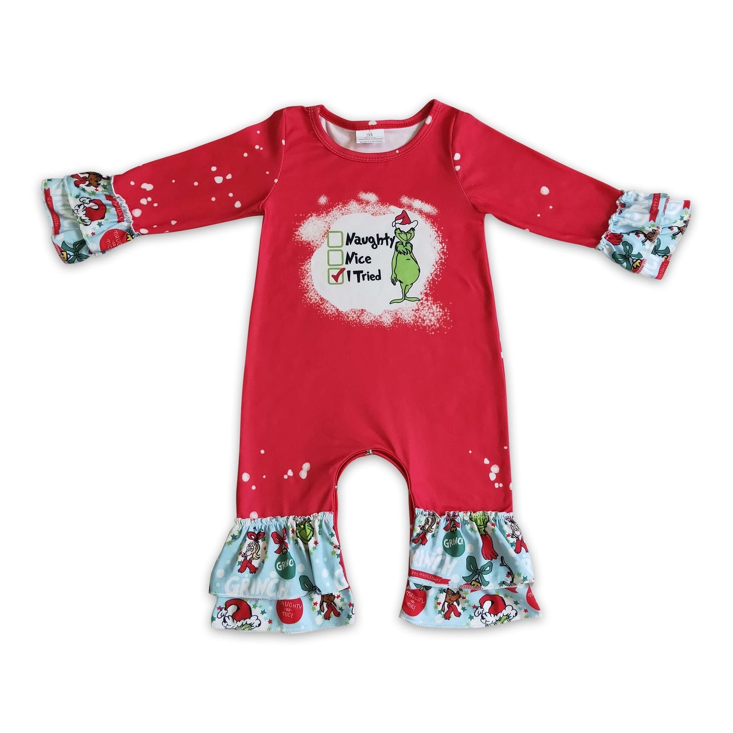 Unartige oder liebe grüne Gesichts-Baby-Mädchen Weihnachts-Strampler