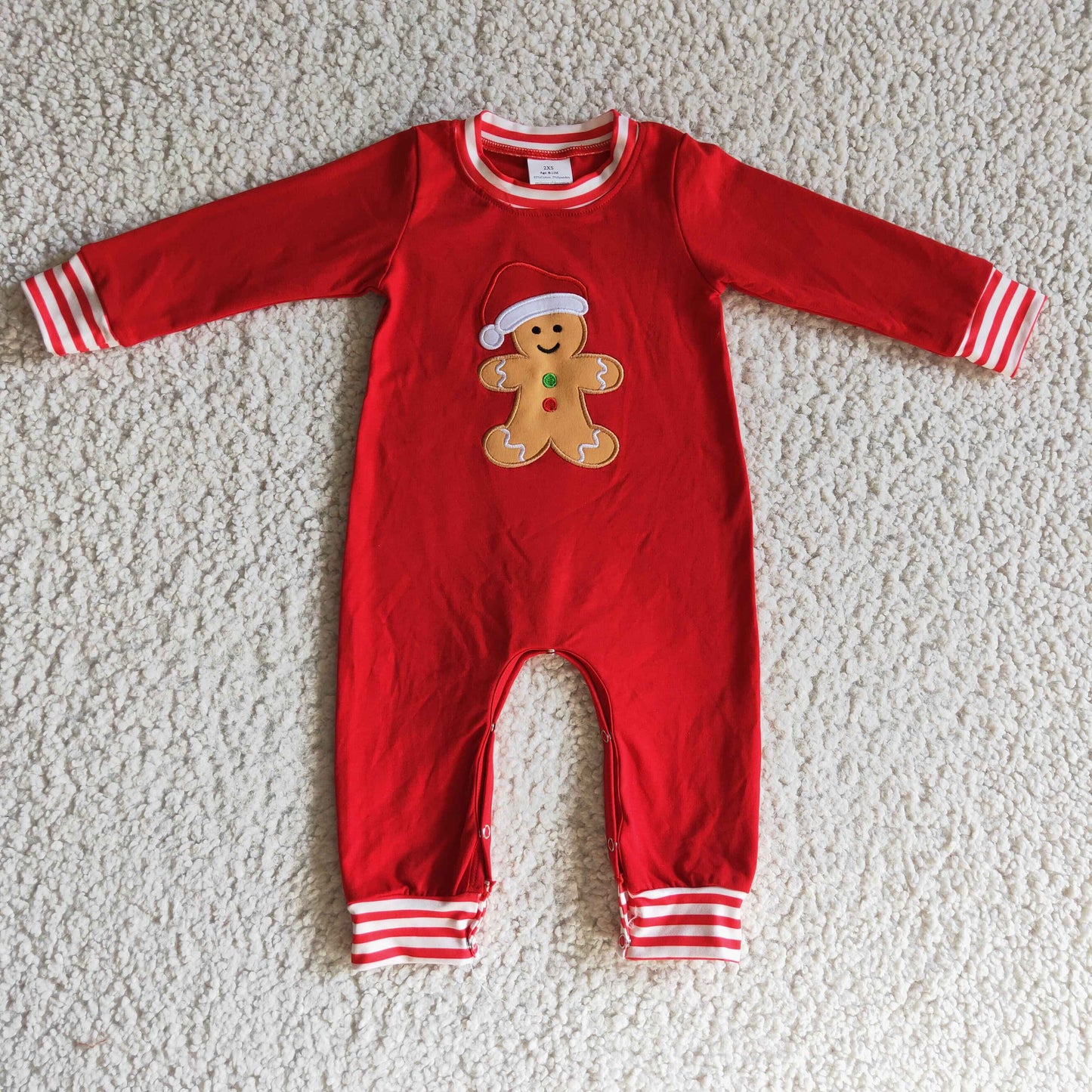 Lebkuchen-Stickerei roter Streifen Baby Strampler Weihnachten