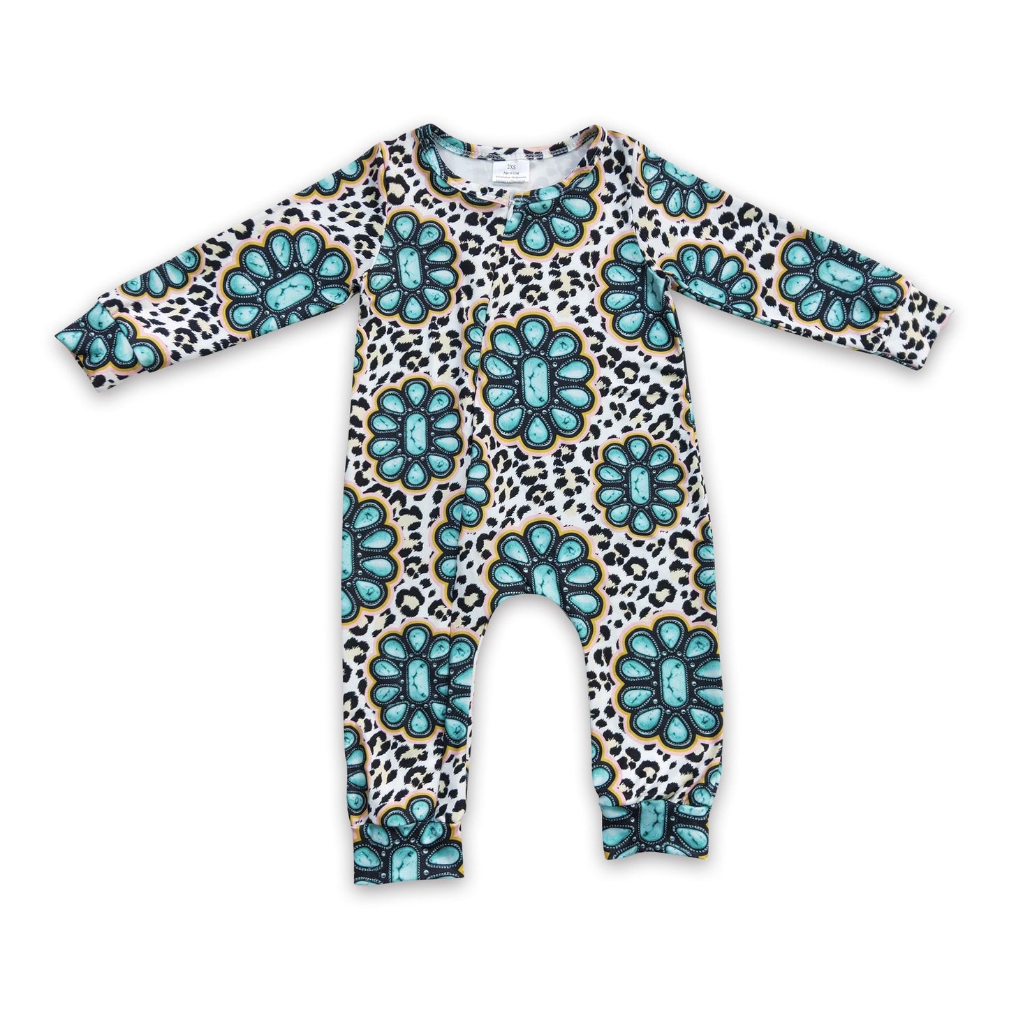 Türkiser Leoparden-Baby-Strampler mit Fuß und Reißverschluss im Western-Stil