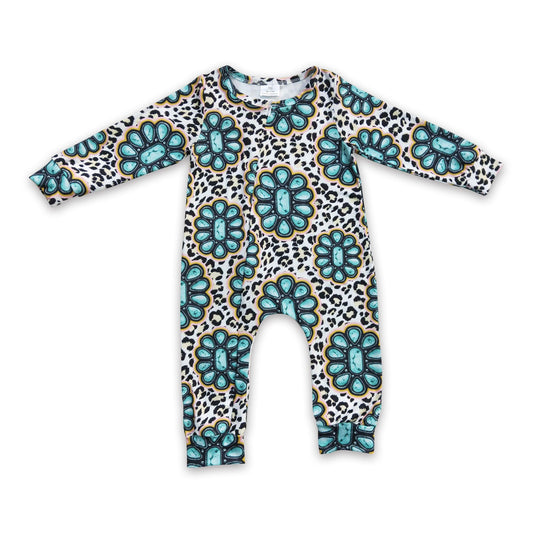 Türkiser Leoparden-Baby-Strampler mit Fuß und Reißverschluss im Western-Stil