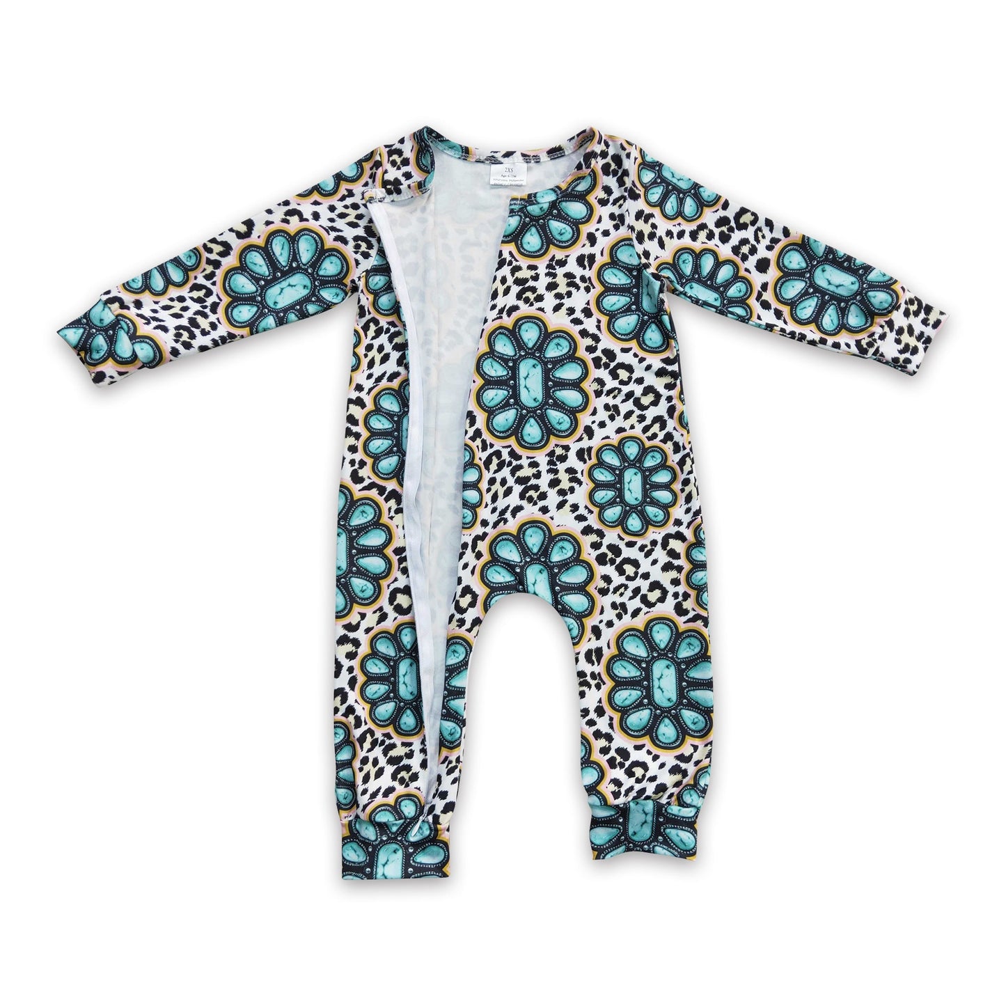 Türkiser Leoparden-Baby-Strampler mit Fuß und Reißverschluss im Western-Stil