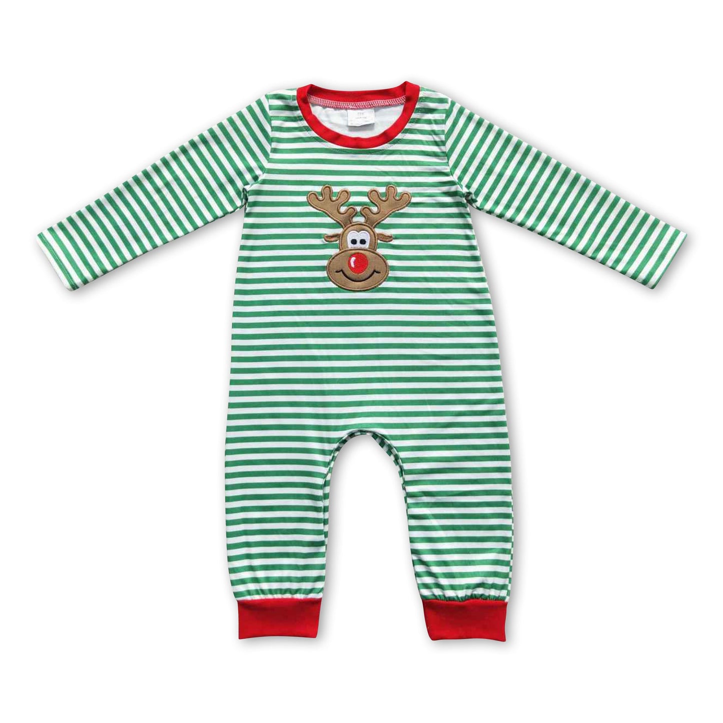 Baby-Jungen-Weihnachts-Strampler mit grünen Streifen und Rentier-Motiv, langärmlig
